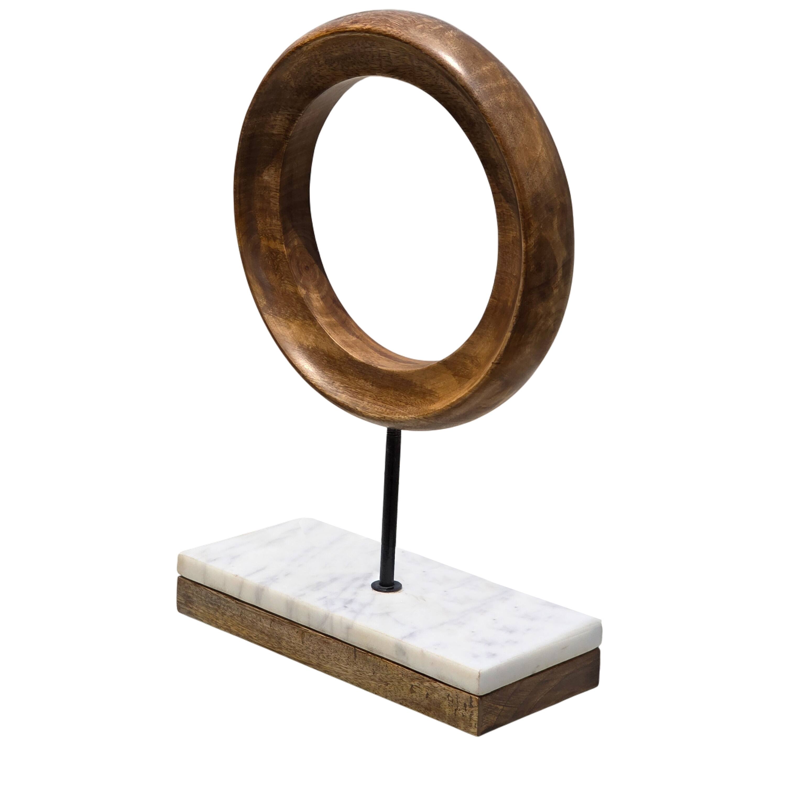 Alt View 1. Manhattan Lane - Decorative Tabletop Sculpture |Mango Wood Ring Design |Iron Stem and Marble Base - Brown, Black, White.