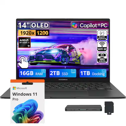 14" OLED 1920x1200 AMD Ryzen 9 Copilot+PC Backlit Keyboard WiFi 6E 1080p Webcam 16GB RAM 2TB SSD 1TB Docking ASUS Zenbook Windows 11 Pro