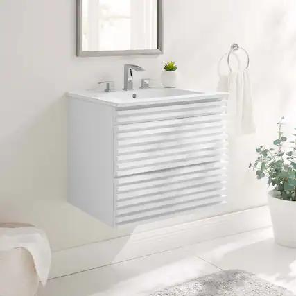 Front. Modway - Render Wall-Mount Bathroom Vanity with White Basin Included - White White.