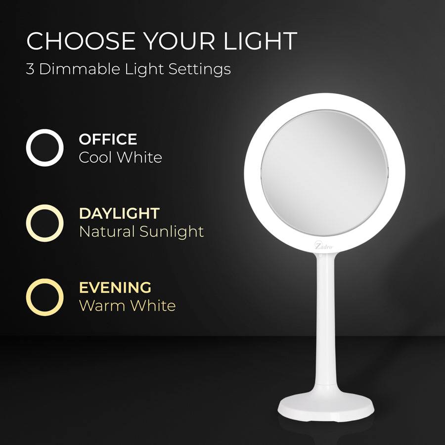 CHOOSE YOUR LIGHT  
3 Dimmable Light Settings  

- OFFICE  
  Cool White  

- DAYLIGHT  
  Natural Sunlight  

- EVENING  
  Warm White