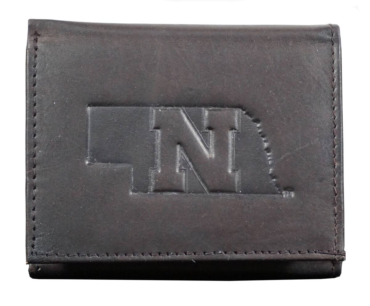 Front. Rico Industries - Nebraska Cornhuskers Embossed Trifold Wallet - Soft Dark Brown Leather - with Worn Distressed Look - Multi.