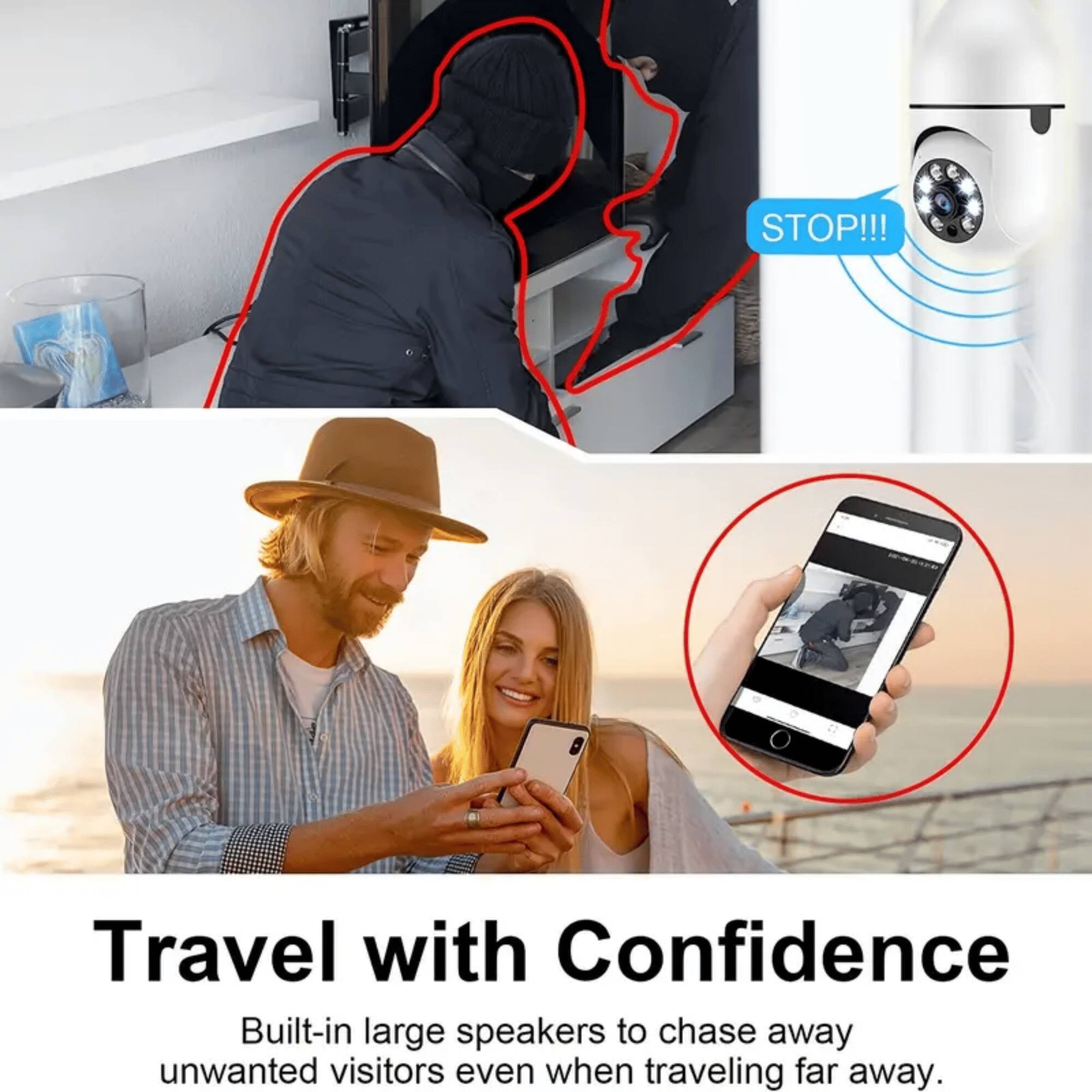 STOP!!!

Travel with Confidence

Built-in large speakers to chase away unwanted visitors even when traveling far away.