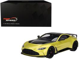 Top Speed - 2022 Aston Martin V12 Vantage RHD (Right Hand Drive) Cosmopolitan Hood and Top 1/18 Model Car - Yellow with Black