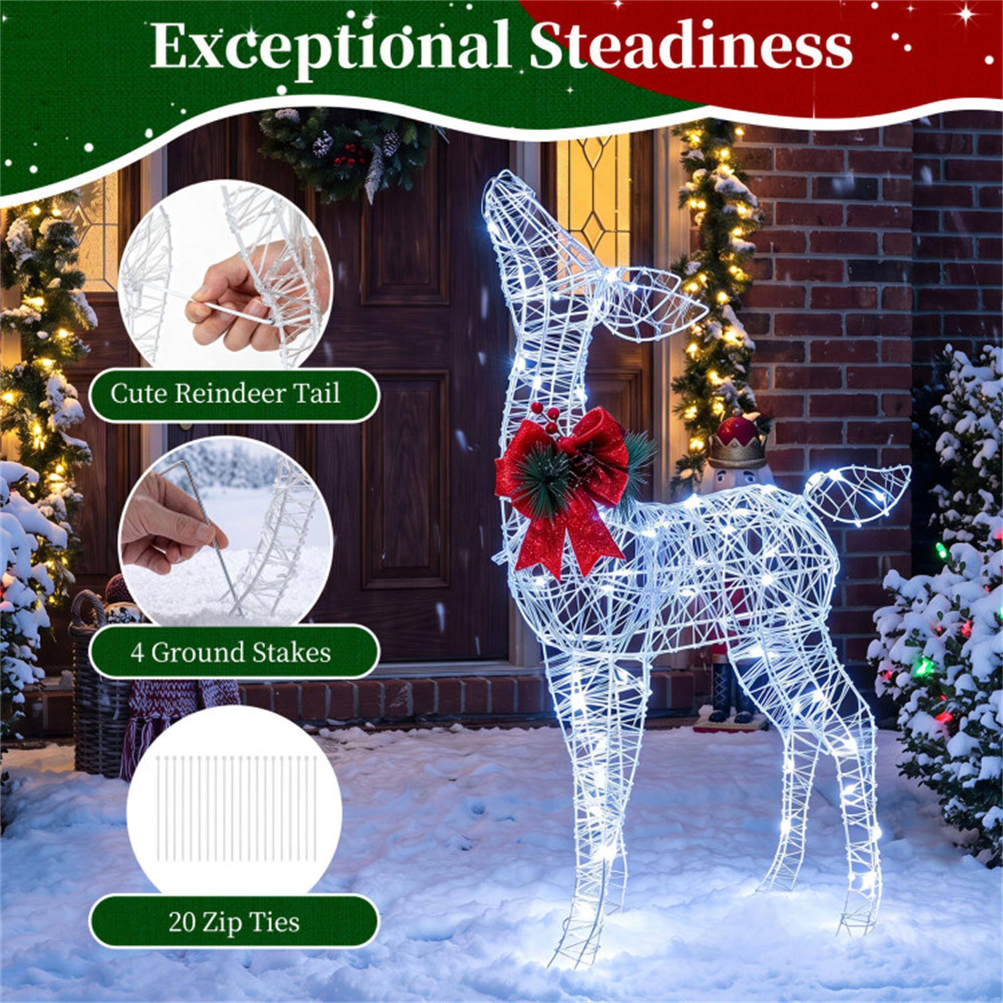Exceptional Steadiness

Cute Reindeer Tail

4 Ground Stakes

20 Zip Ties