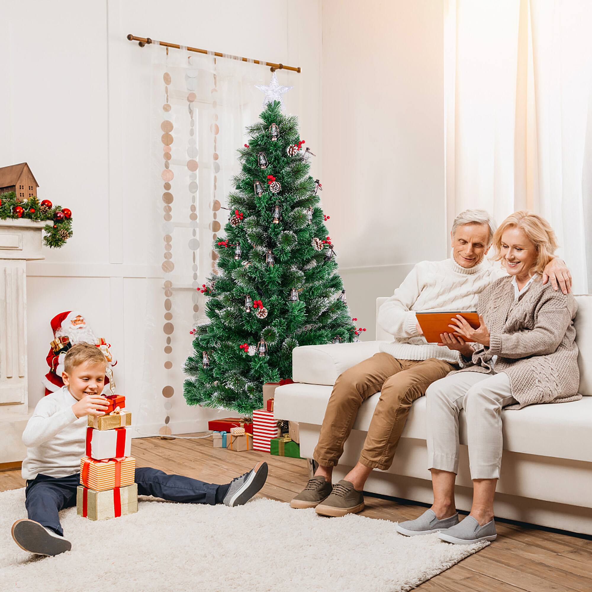 Alt View 4. Gymax - Gymax 6 FT Christmas Tree Artificial Xmas Tree w/ 8 Lighting Modes 64 Warm LED Lights - Green, White.