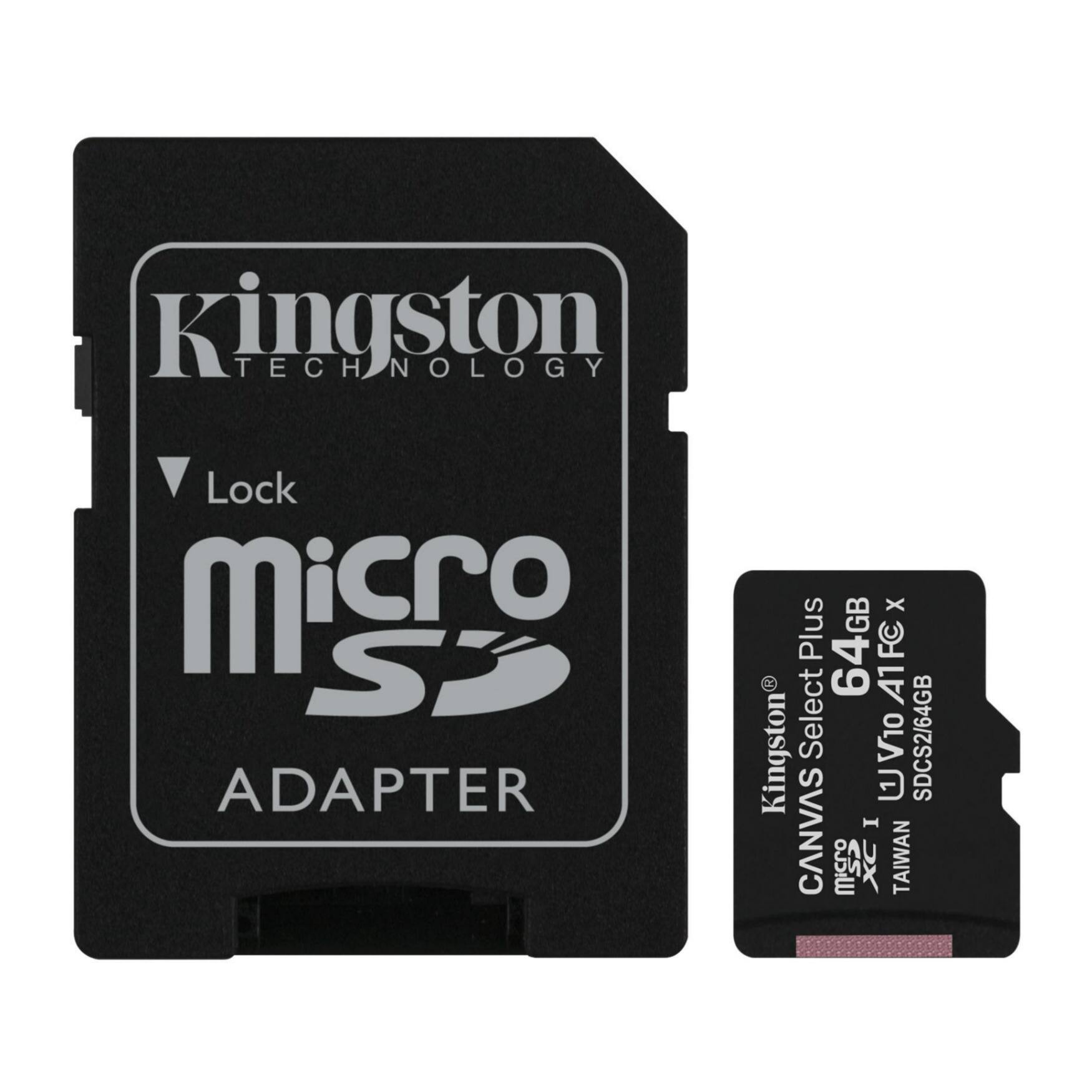Kingston Technology  
Lock  
microSD  
ADAPTER  

Kingston  
CANVAS Select Plus  
64GB  
UHS-I U3 V10 A1  
SDSC2/64GB  
TAIWAN