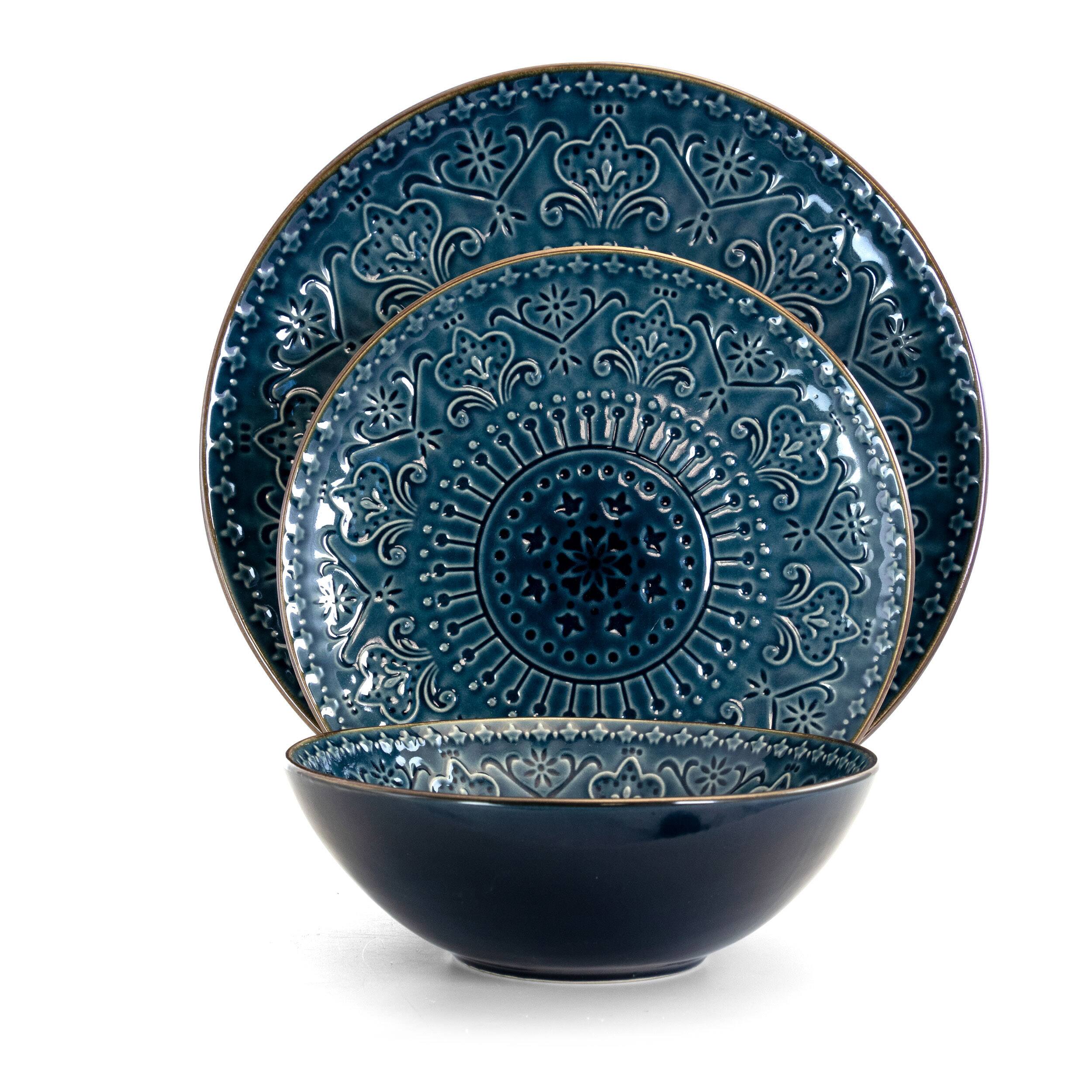 Alt View 1. Elama - Elama  Deep Sea Mozaic 16 Piece Luxurious Stoneware Dinnerware with Complete Setting for 4 - Dark Blue.