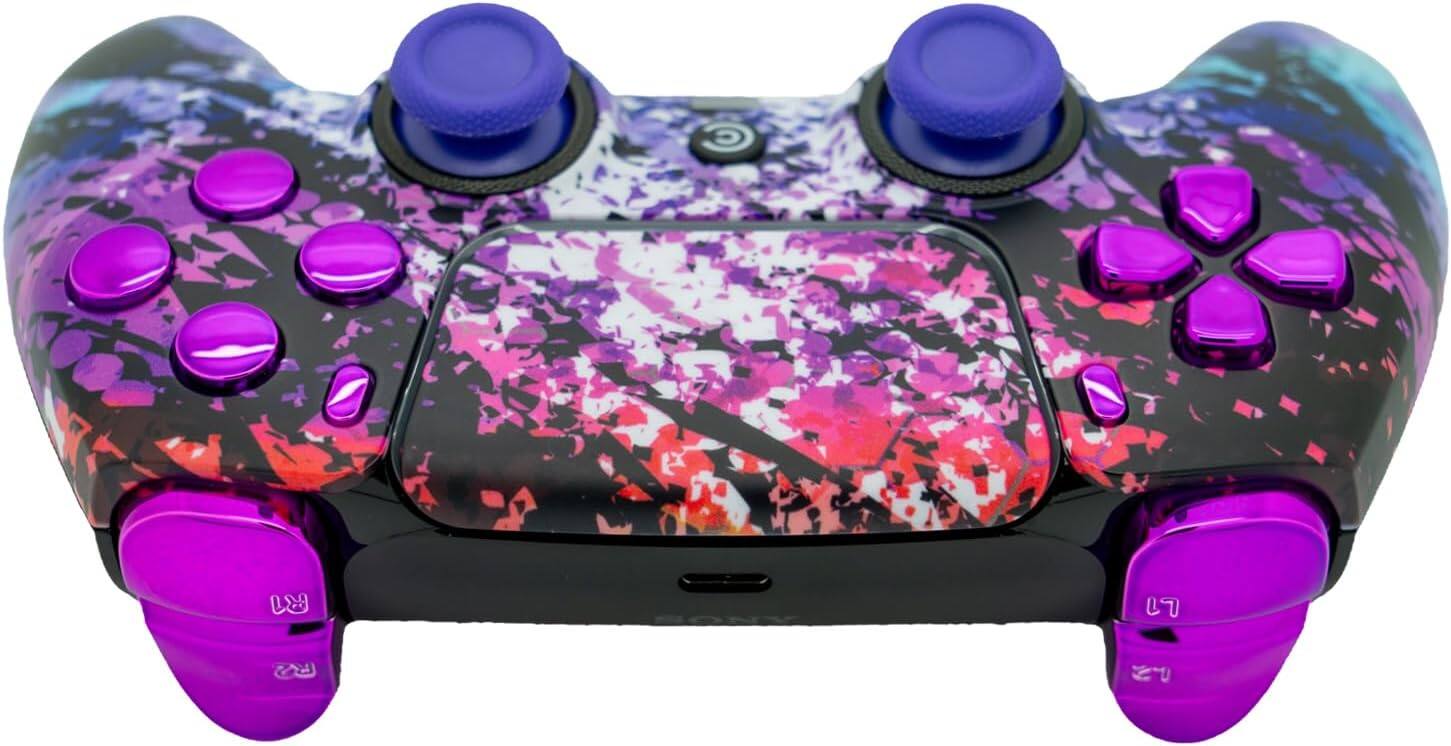 Back. Custom Controllerzz - Custom Wireless Controller for PS5 - Digital Mirage & Purple Chrome Inserts.