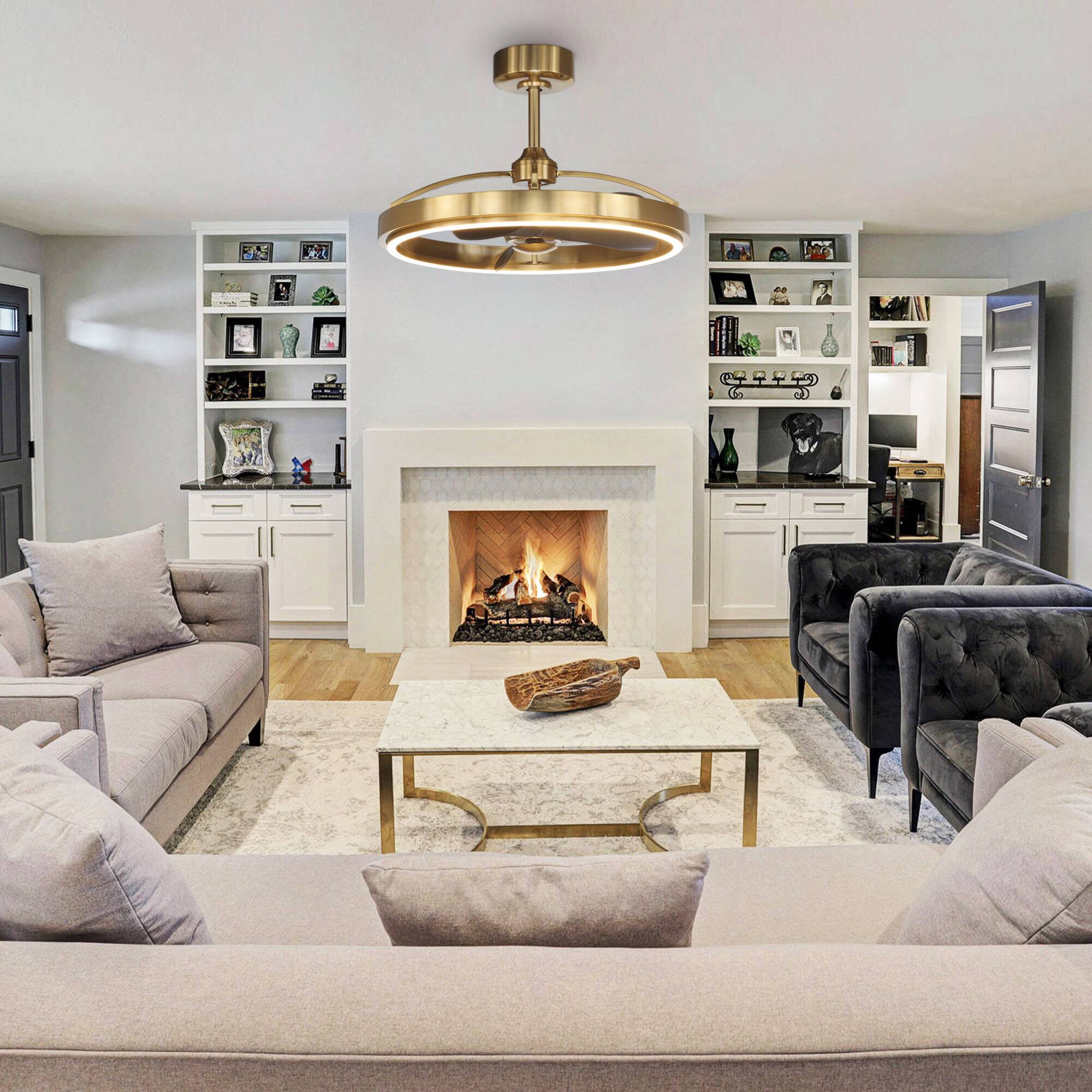 Left. Parrot Uncle - 27" Modern Brass LED Ceiling Fan with Remote Control - Brass.