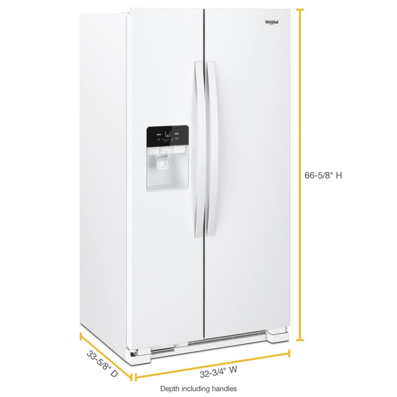 The dimensions of the refrigerator are:

- Height: 66-5/8" H
- Depth: 33-5/8" D
- Width: 32-3/4" W

Depth including handles