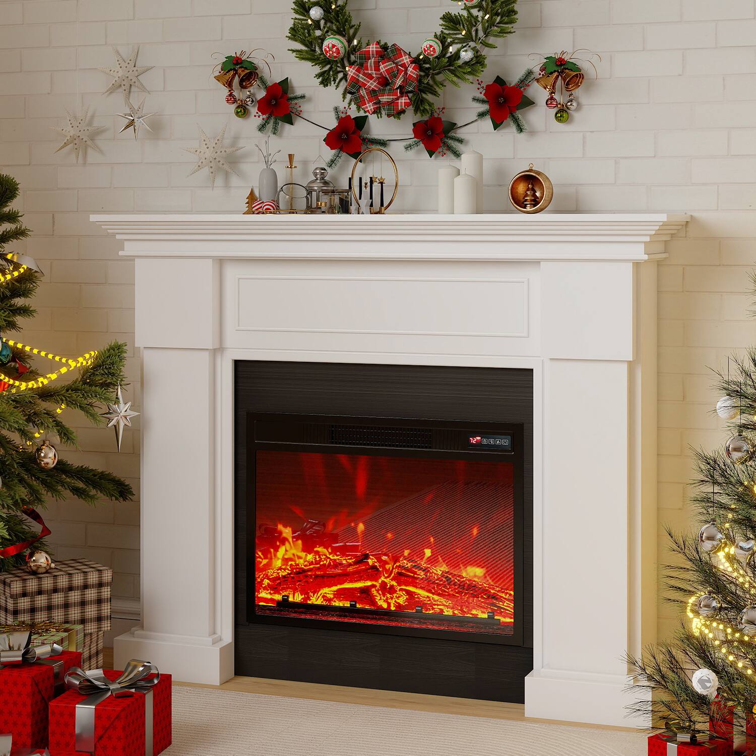 Front. Fehokinch - 55" White Electric Fireplace Mantel with Realistic 3D Flames, Remote Control & 1500W Heater - White.