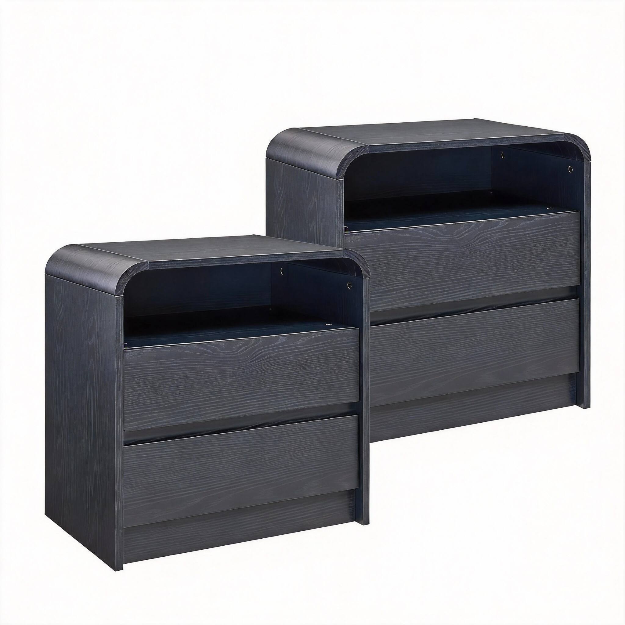 Front. CovertSafe - 25" Modern Nightstand Charging Station Mid Century Curved 2-Drawers - Black 2 Pieces.