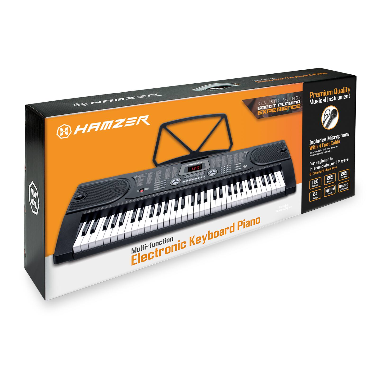 Premium Quality  
Musical Instrument  

Realistic Sounds  
Great Playing Experience  

Includes Microphone With Foot Cable  

For Beginner to Intermediate Level Players  

128 Pitches  
8 Standard Sounds  
250 EFEEE LED  
250 - Record  

Multi-function  
Electronic Keyboard Piano  

24 Sounds  
Lighted