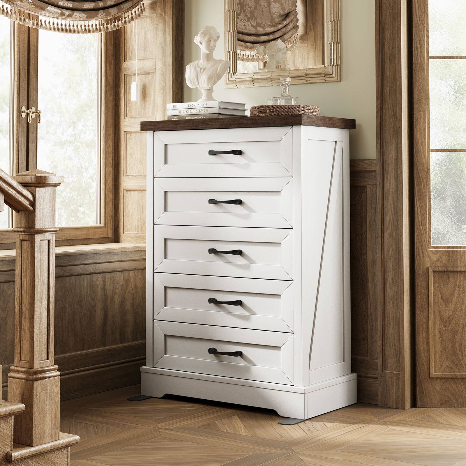 Alt View 2. AODK - 46" H Farmhouse 5 Drawer Dresser, Tall Chest of Drawers with Arched Base for Bedroom - Walnut+white.