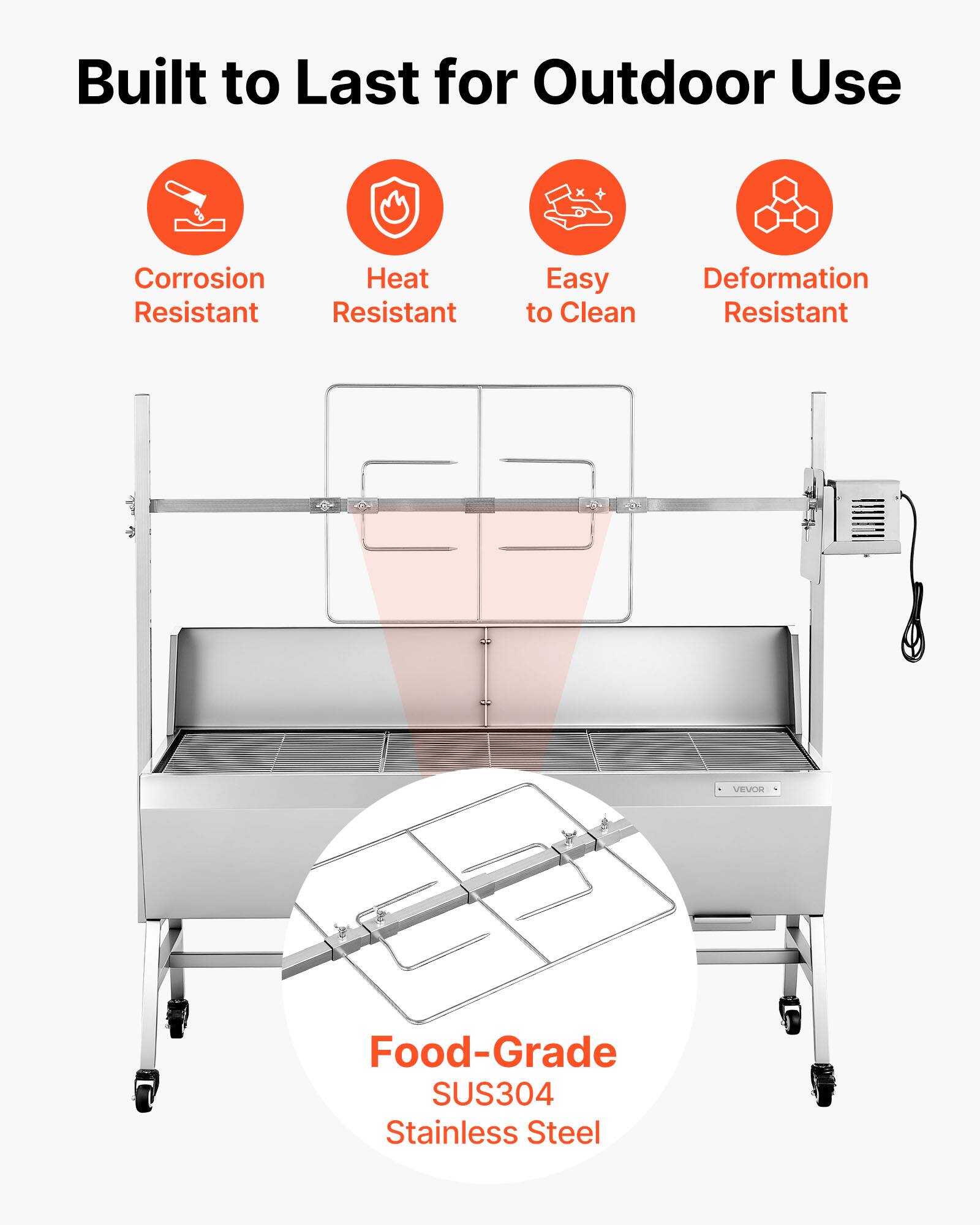 Built to Last for Outdoor Use

- Corrosion Resistant
- Heat Resistant
- Easy to Clean
- Deformation Resistant

Food-Grade SUS304 Stainless Steel