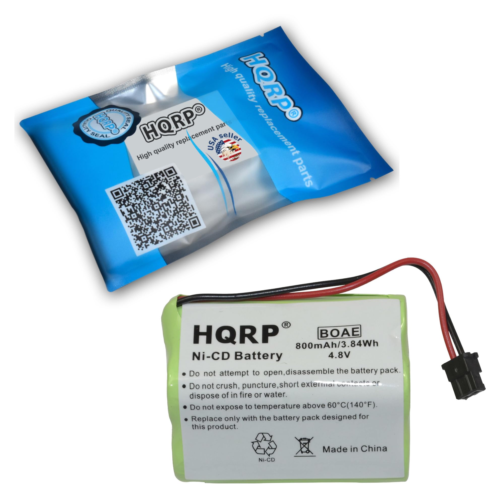 High quality replacement parts HQRP BOAE 800mAh/3.84Wh Ni-CD Battery 4.8V

Do not attempt to open, disassemble the battery pack. Do not crush, dispose of in fire or water. Do not expose to temperature above 60°C (140°F). Replace only with the battery pack designed for this product.

Made in China
