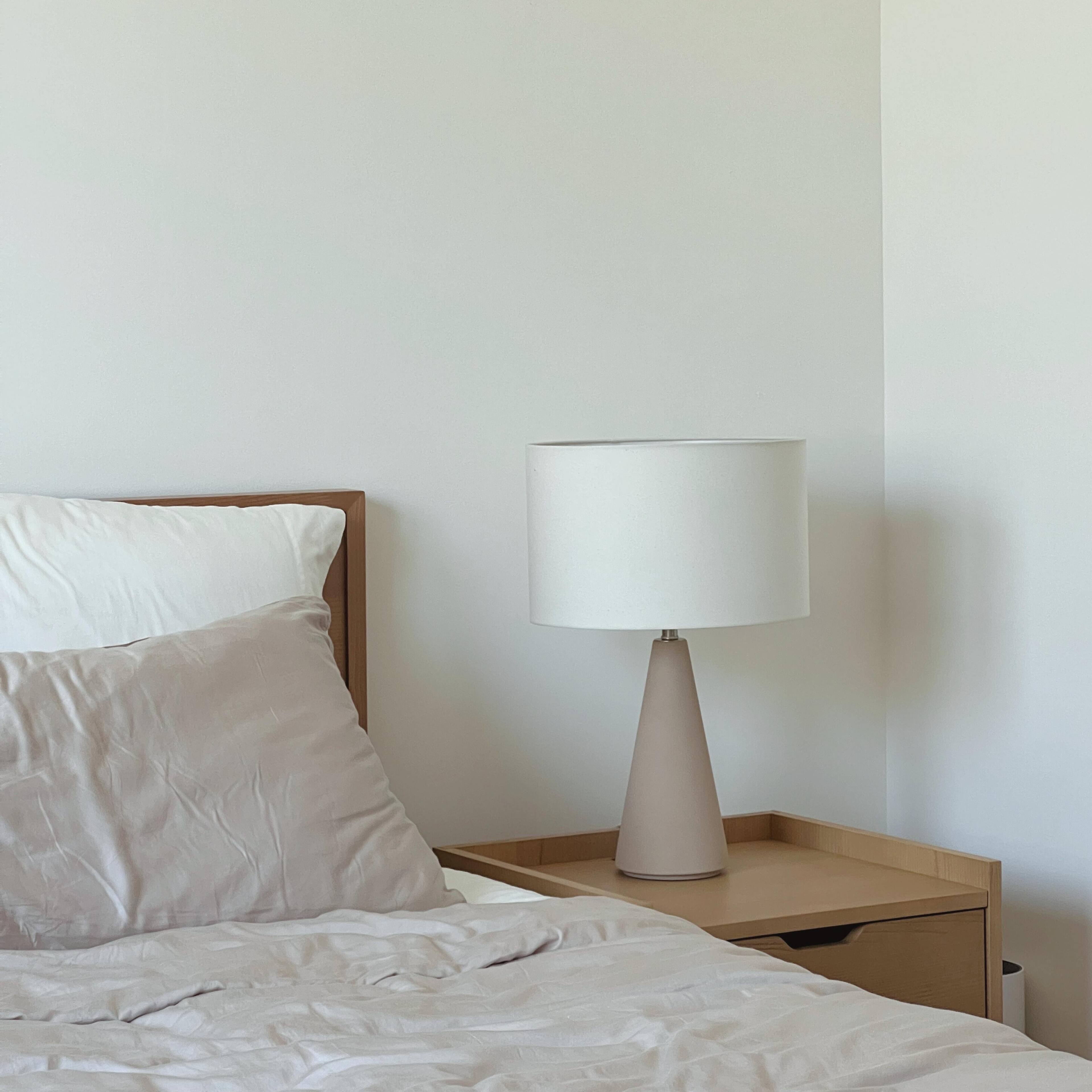 Alt View 4. Brightech - Nathaniel LED Midcentury Modern Empire Bedside Nightstand Desk Lamp with Off-White Cream Fabric Drum Shade - Off-White Cream Cement.