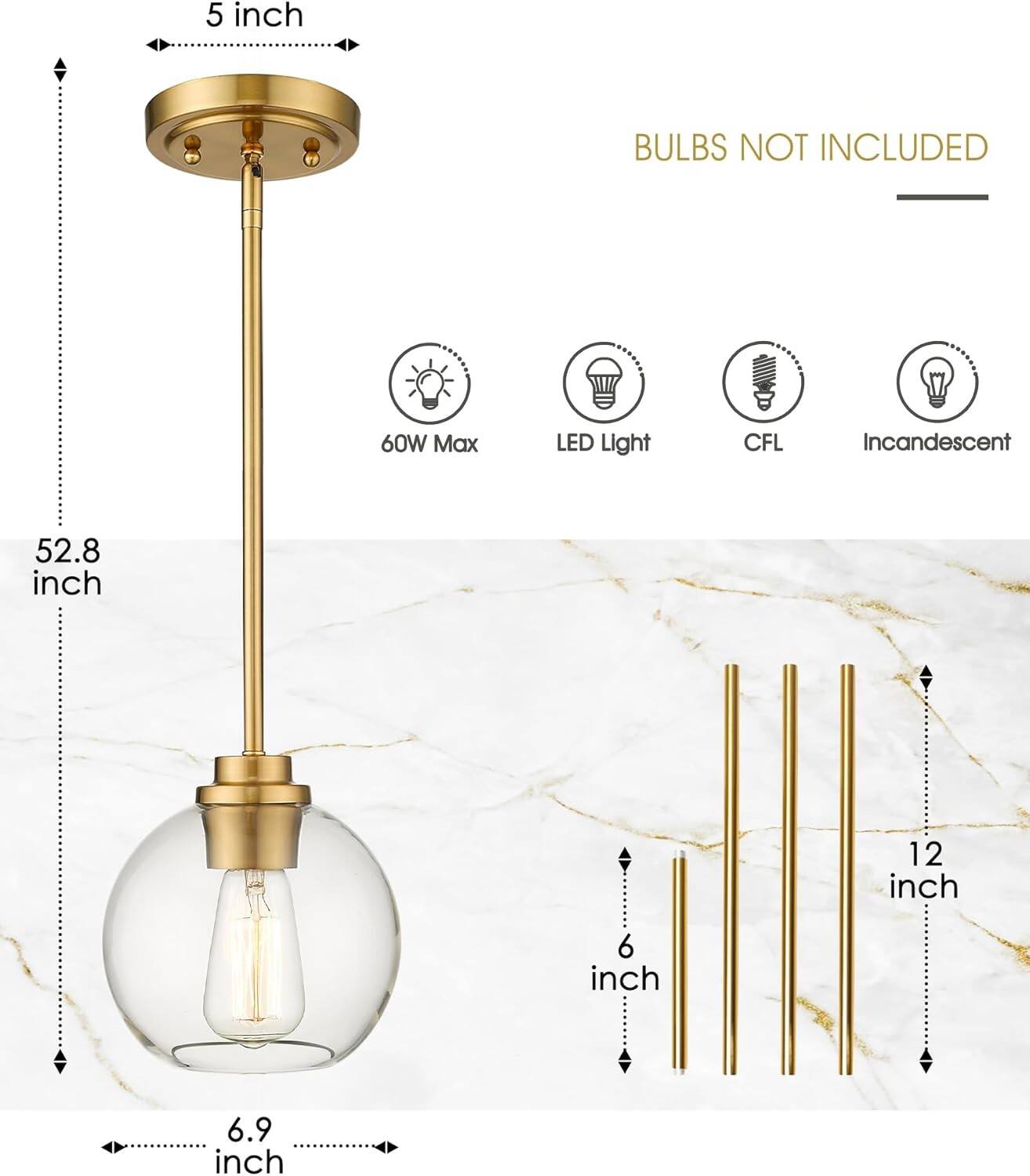 5 inch BULBS NOT INCLUDED  
60W Max LED Light CFL Incandescent  
52.8 inch  
12 inch  
6 inch  
6.9 inch