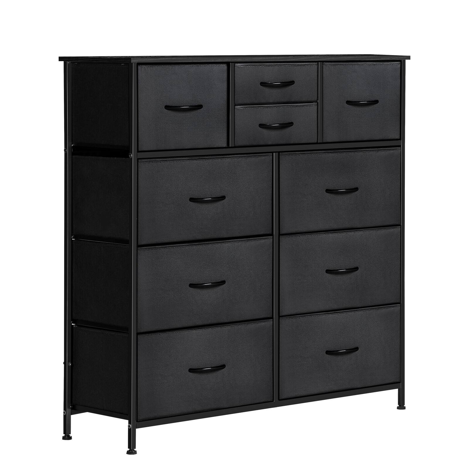 Angle. Oumilen - Black 10-Drawer Dresser with PVC Leather Fabric Drawers & Wood Top - Black.
