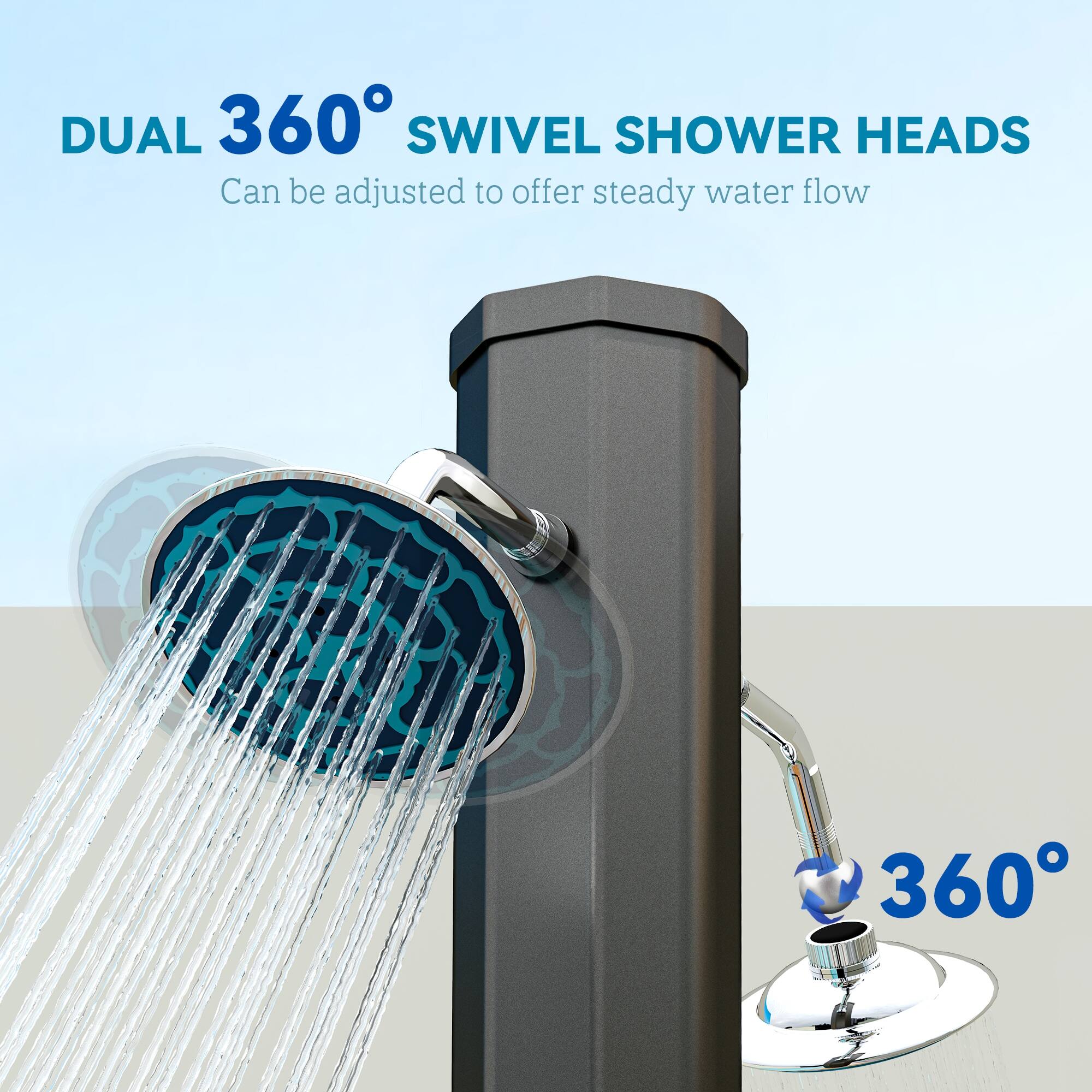 DUAL 360° SWIVEL SHOWER HEADS Can be adjusted to offer steady water flow 360°