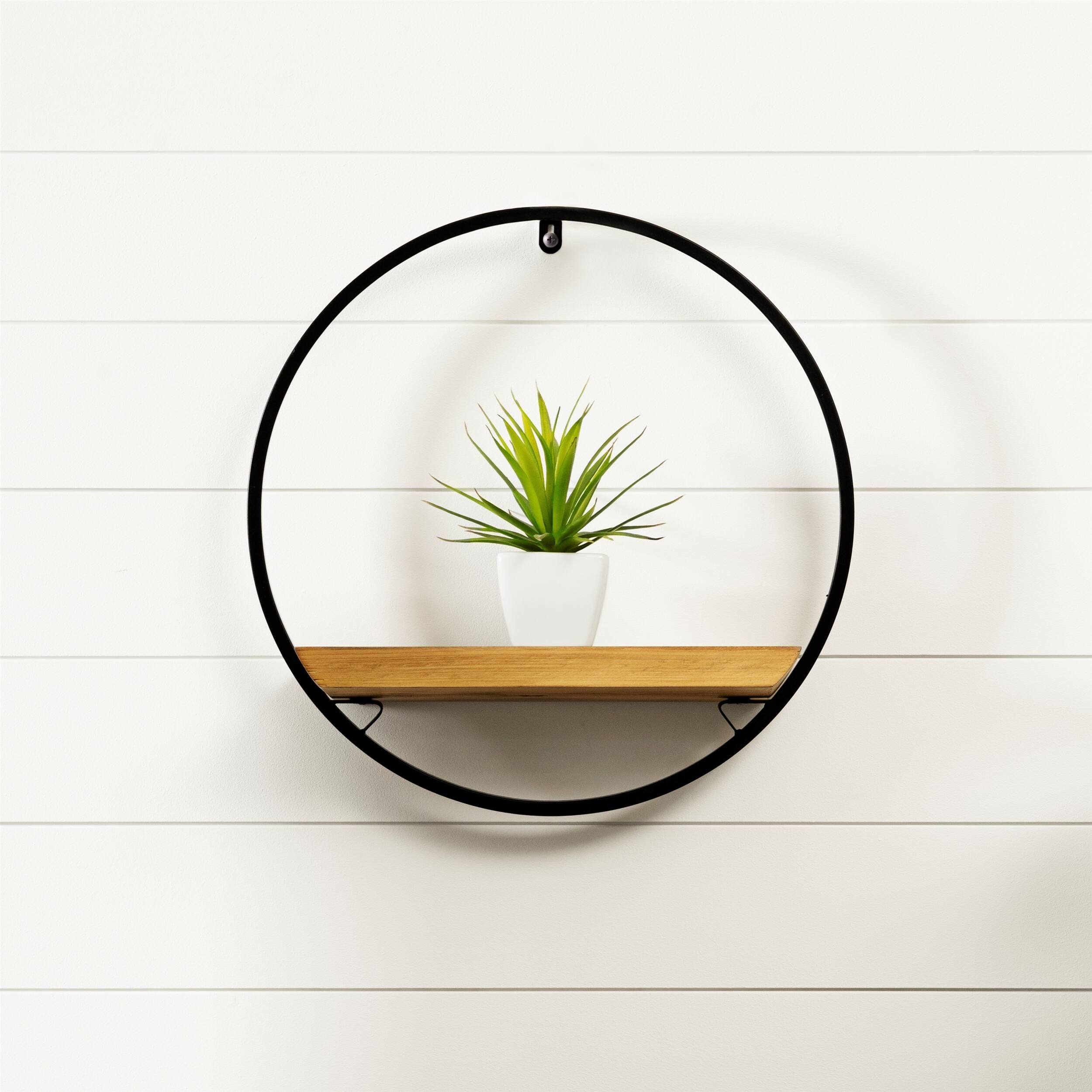 Angle. BreeBe - Wood Circle Shelf in Metal Frame 17.5"D - Brown, Black.