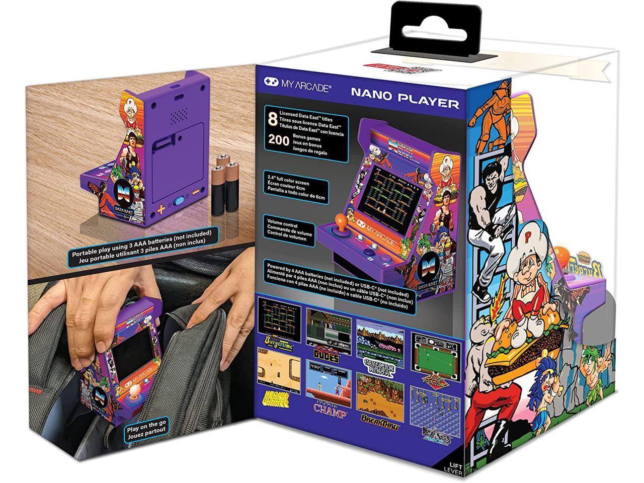 MY ARCADE NANO PLAYER  
Licensed Data East Titles  
8 Titres sous licence Data East  
200 Bonus games  
Juegos de regalo  

2.4" full color screen  
Pantalla de 6cm de color  
Pantalla todo color de 6cm  

Volume control  
Commande de volume  
Control de volumen  

Portable play using 3 AAA batteries (not included)  
Jeu portable utilisant 3 piles AAA (non inclus)  
Funciona con 4 pilas AAA (no incluido) o cable USB-C* (no incluido)  

Powered by 4 AAA batteries (not included) or USB-C* (not included)  
Fonctionne par 4 piles AAA (non inclus) ou un cable USB-C* (non inclus)  

Play on the go  
Jouez partout  
Juega a cualquier lugar  

BurgerTime  
Dudes  
Orvege  
Ias  
I's  
Champ  
Breakthru  
Lift Lever