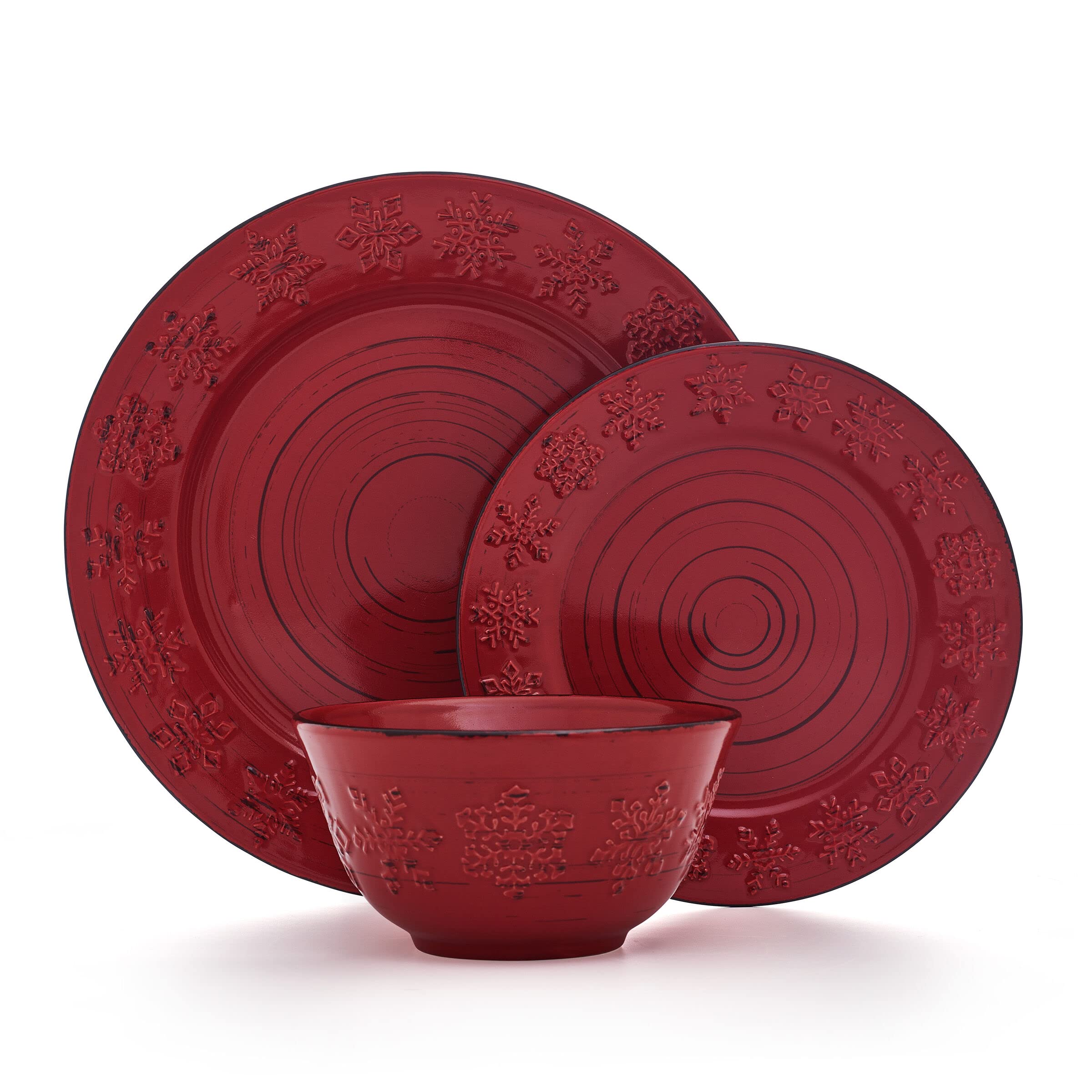 Angle. Dazzed Corner - 16-Piece Stoneware Dinnerware Set, Service for 4, Microwave & Dishwasher Safe Plates and Bowls - Red.