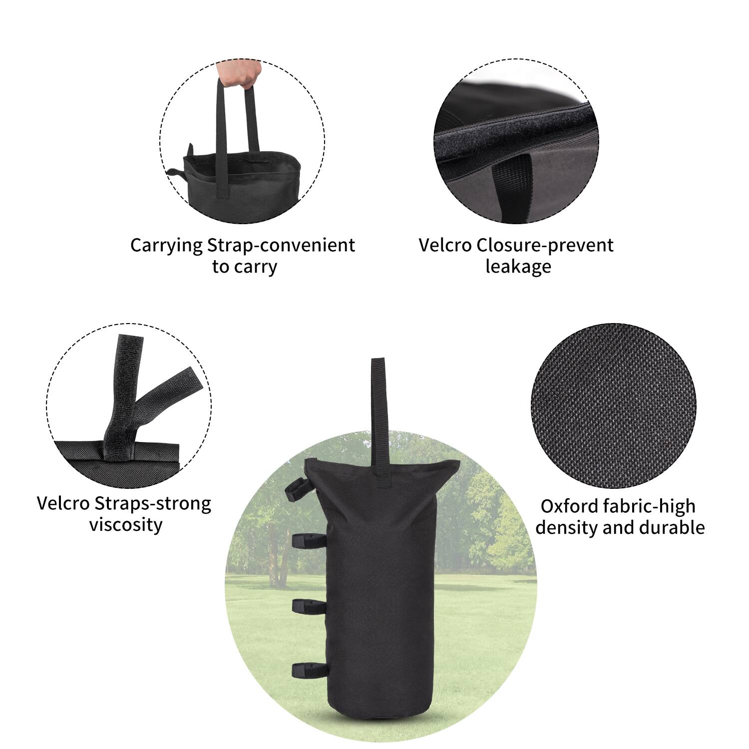 Carrying Strap-convenient to carry
Velcro Straps-strong viscosity
Velcro Closure-prevent leakage
Oxford fabric-high density and durable