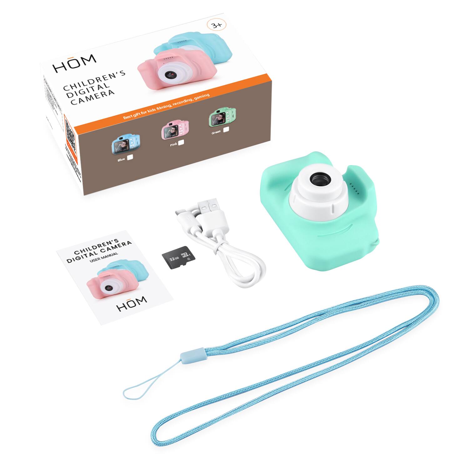 HOM  
CHILDREN'S DIGITAL CAMERA  
Best gift for kids living, recording, gaming  

3+  

CHILDREN'S DIGITAL CAMERA  
USER MANUAL  

32GB  
SD CARD  

USB CABLE  

LANYARD