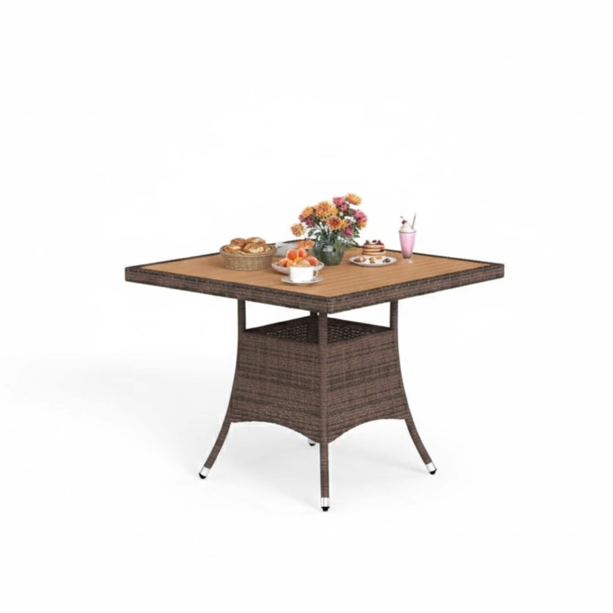 Mondawe - Square Rattan Patio Dining Table with Acacia Wood Top - Brown