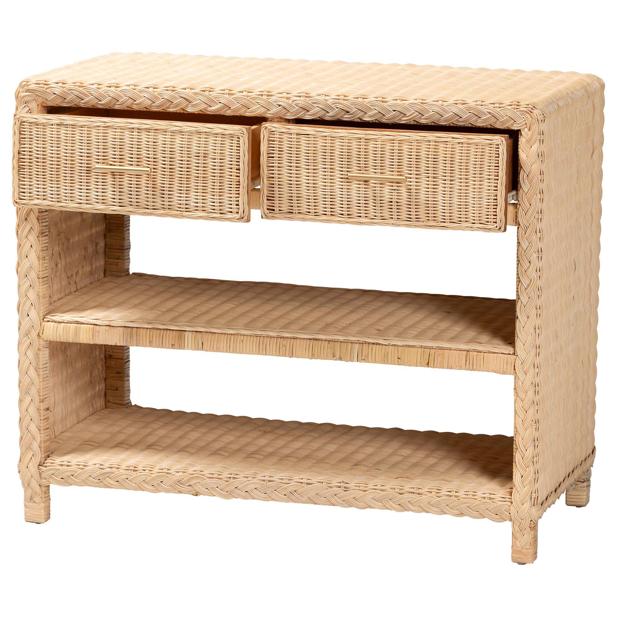 Angle. bali & pari - Lanica Braided Rattan Console Table with Drawers and Shelves – Coastal Style Storage Cabinet - Sun-bleached Rattan.