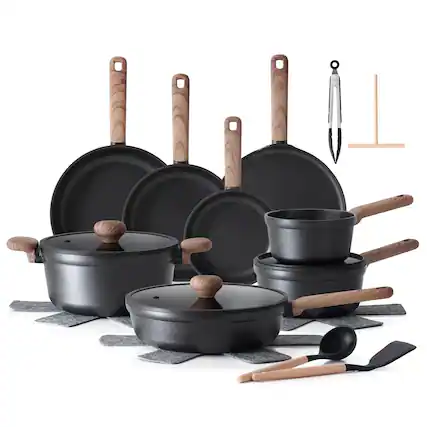 Front. SENSARTE - 24-Pcs Nonstick Pots and Pans Set, Induction Healthy Kitchen Cooking Sets with Stay-Cool Handles, Dishwasher Safe - Black.