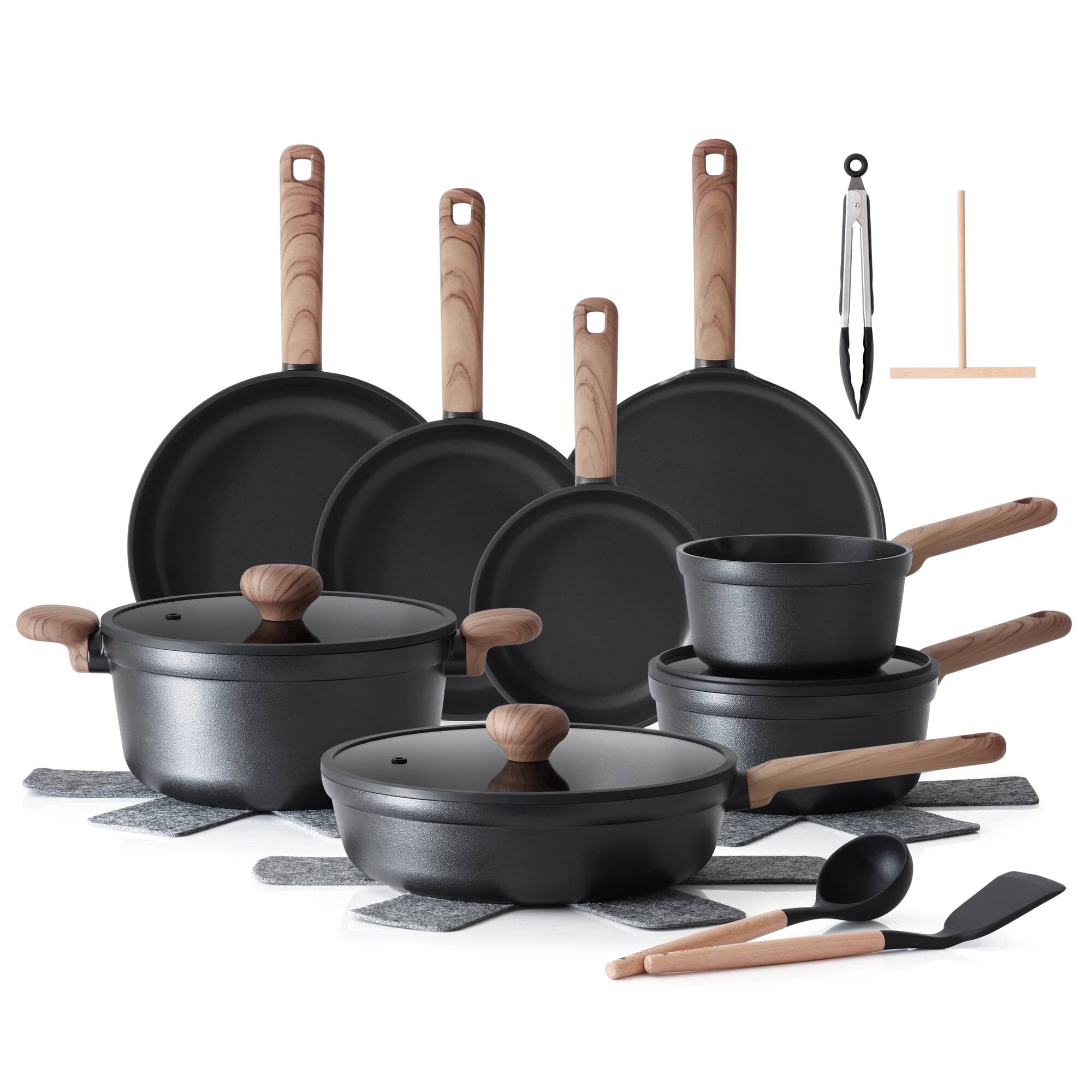 Front. SENSARTE - 24-Pcs Nonstick Pots and Pans Set, Induction Healthy Kitchen Cooking Sets with Stay-Cool Handles, Dishwasher Safe - Black.