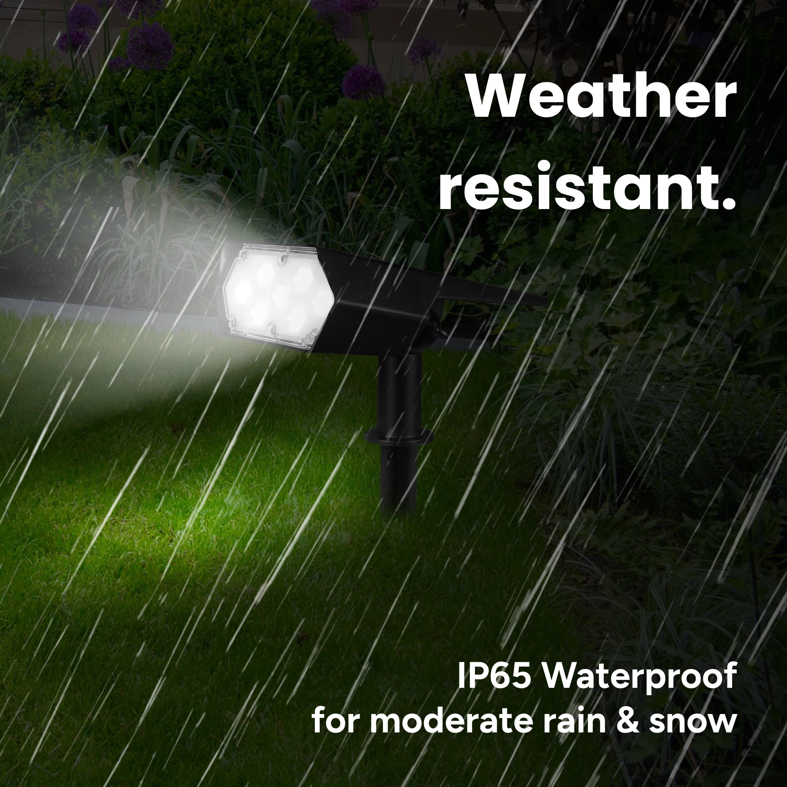 Weather resistant. IP65 Waterproof for moderate rain & snow.