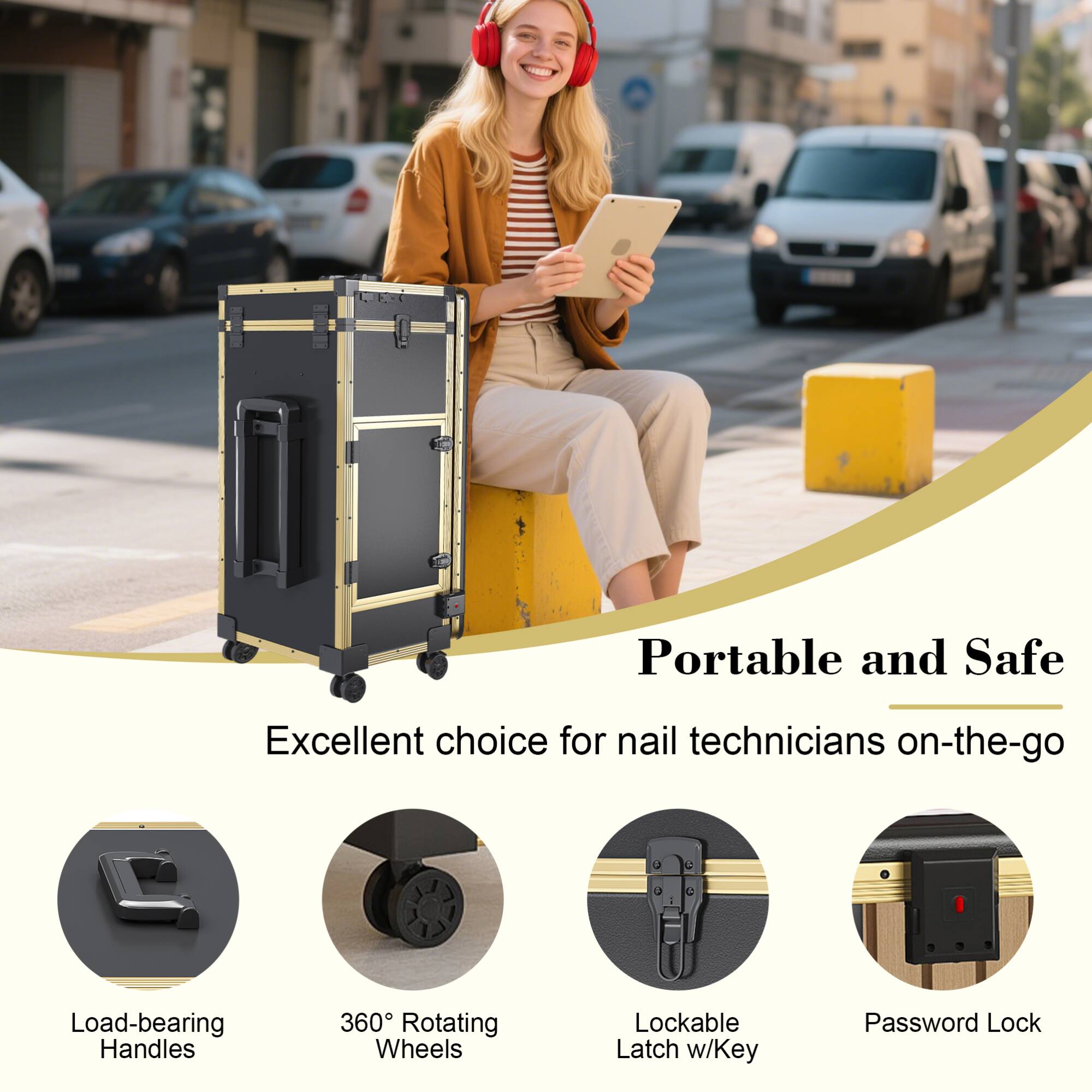 Portable and Safe  
Excellent choice for nail technicians on-the-go  

- Load-bearing Handles  
- 360° Rotating Wheels  
- Lockable Latch w/Key  
- Password Lock