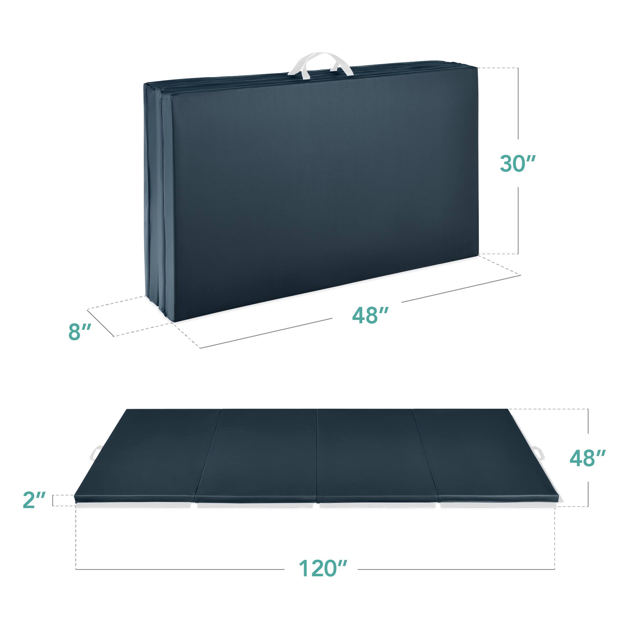 The dimensions of the object are:

- 30" (height when folded)
- 8" (depth when folded)
- 48" (width when folded)
- 2" (height when unfolded)
- 20" (depth when unfolded)
- 48" (width when unfolded)