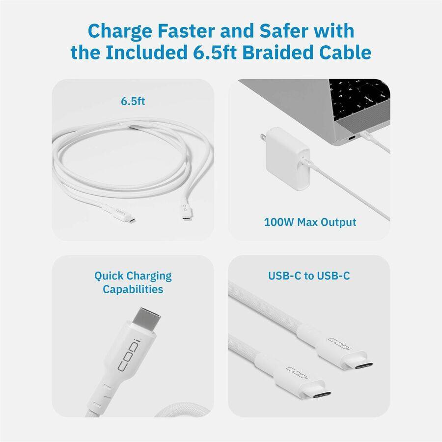 Charge Faster and Safer with the Included 6.5ft Braided Cable

- 6.5ft
- 100W Max Output
- Quick Charging Capabilities
- USB-C to USB-C