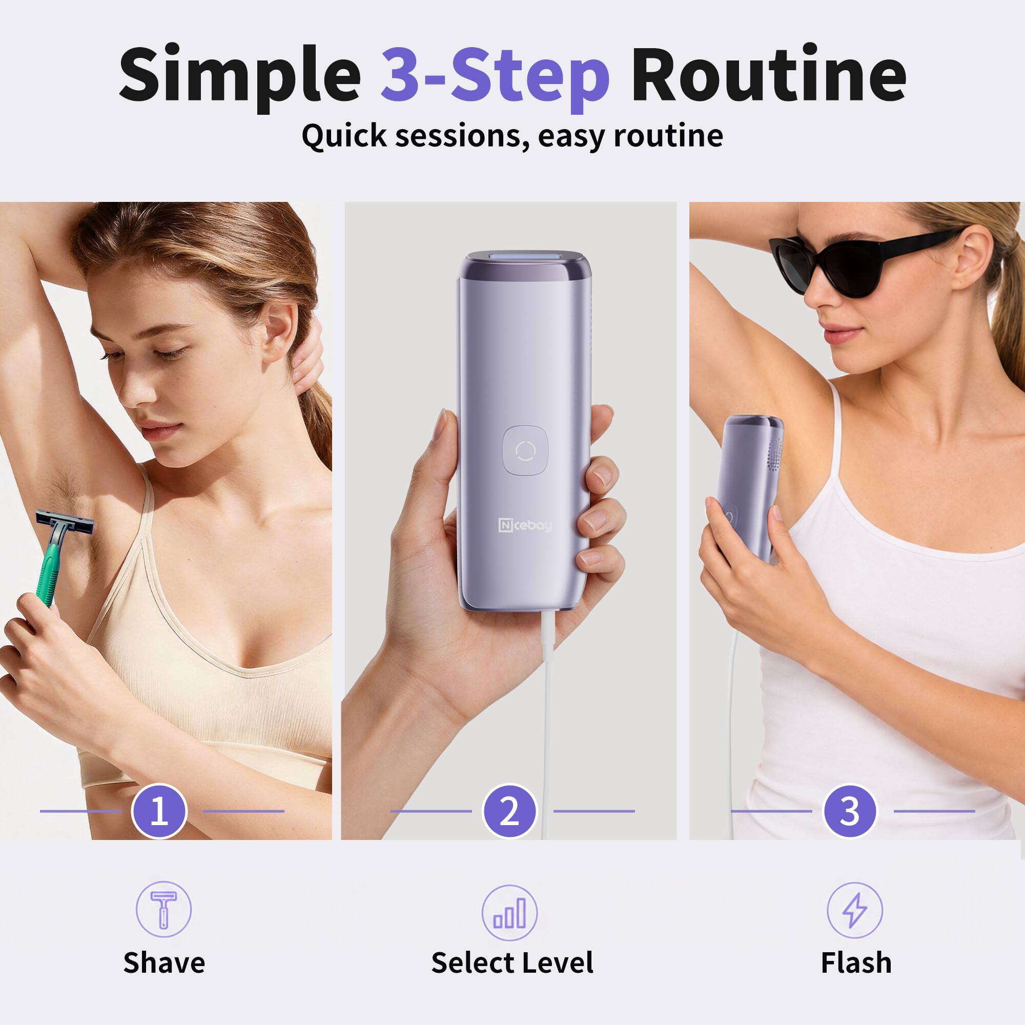 Simple 3-Step Routine  
Quick sessions, easy routine  

1. Shave  
2. Select Level  
3. Flash