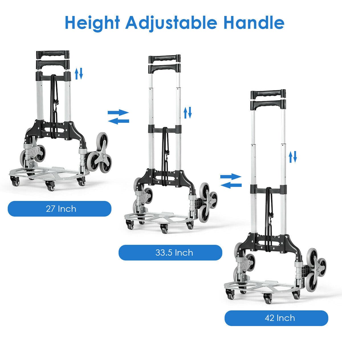 The text on the image is grouped and corrected as follows:
Height Adjustable Handle:
- 27 Inch: 27 Inch Height Adjustable Handle
- 33.5 Inch: 33.5 Inch Height Adjustable Handle
- 42 Inch: 42 Inch Height Adjustable Handle