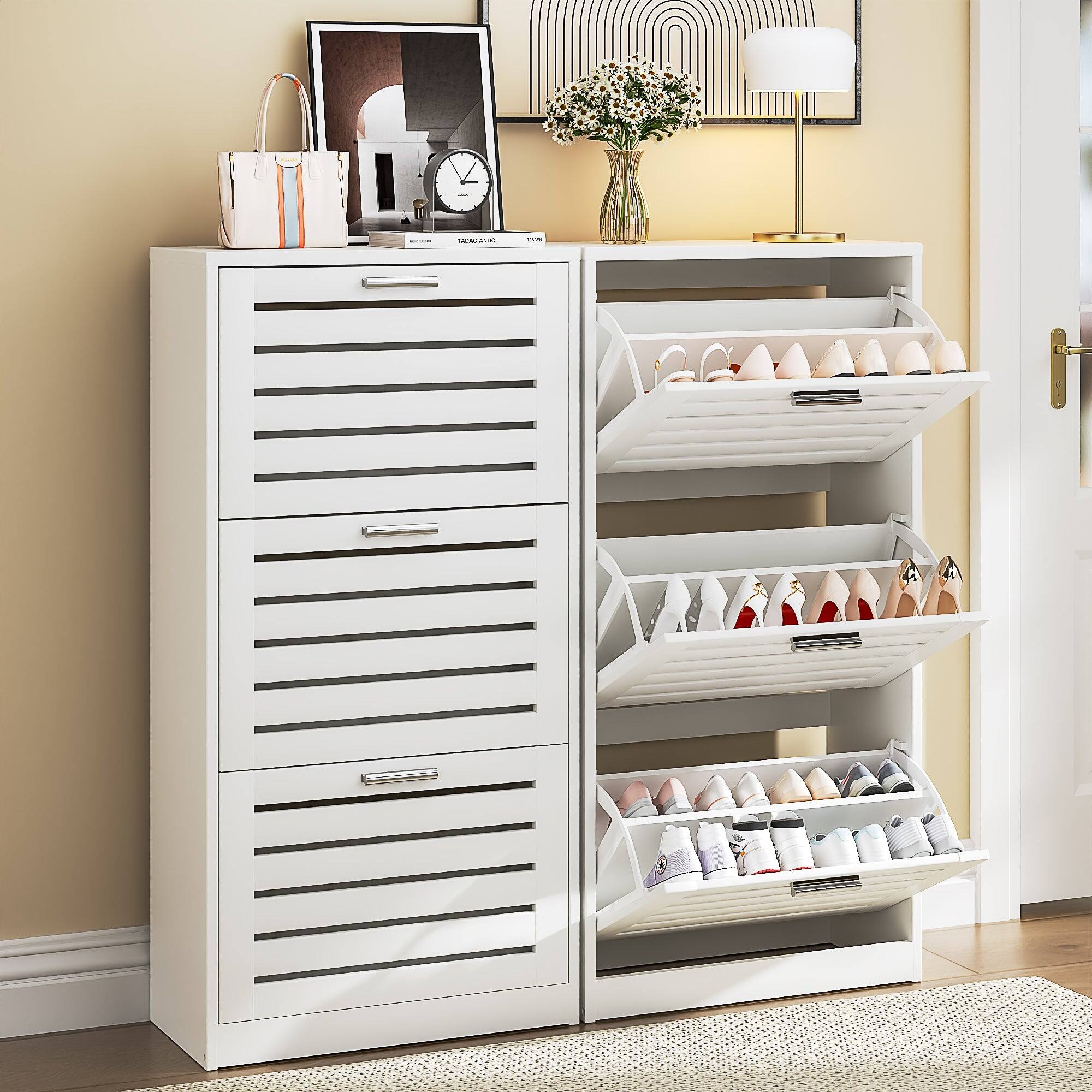 Alt View 2. Vecelo - Slim Entryway Shoe Cabinet with 3 Flip Drawers, Narrow Shoe Storage Cabinet for Hallway, Modern Design - White.