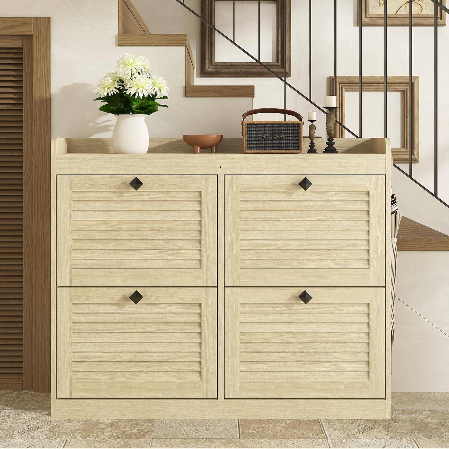 Alt View 6. Acekool - Large Rattan Shoe Storage Cabinet with 4 Flip Drawers, Freestanding Shoe Organizer - Yellow.