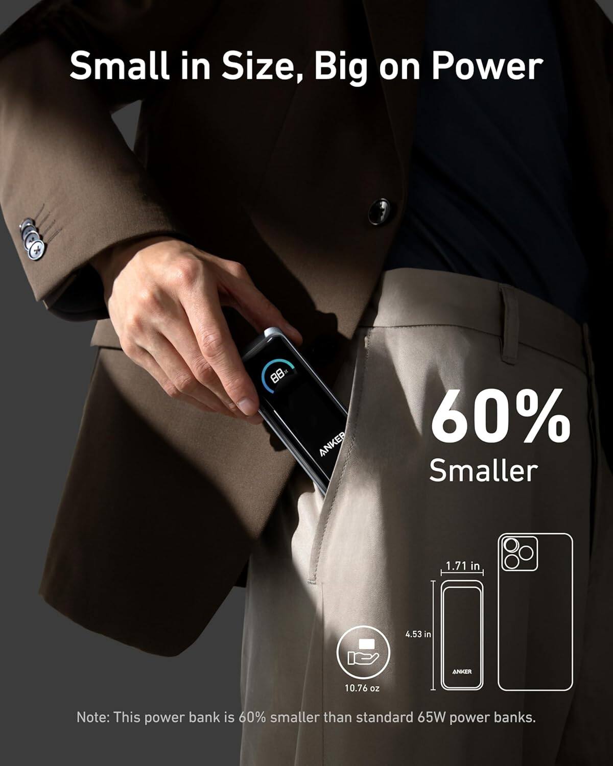 Small in Size, Big on Power

60% Smaller

Note: This power bank is 60% smaller than standard 65W power banks.

1.71 in x 4.53 in

10.76 oz