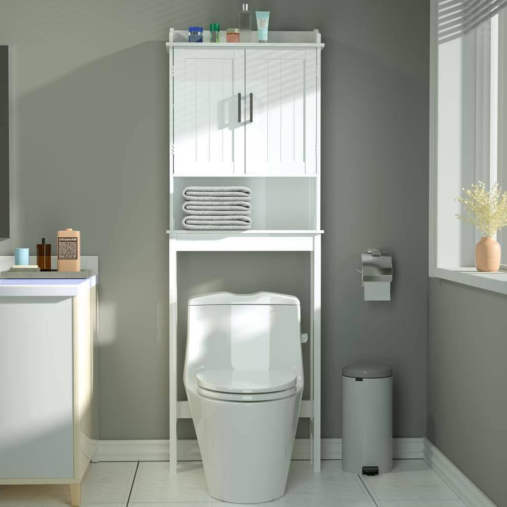 Angle. Hivvago - Over the Toilet Bathroom Storage Cabinet Shelving Unit in White Wood Finish - White.