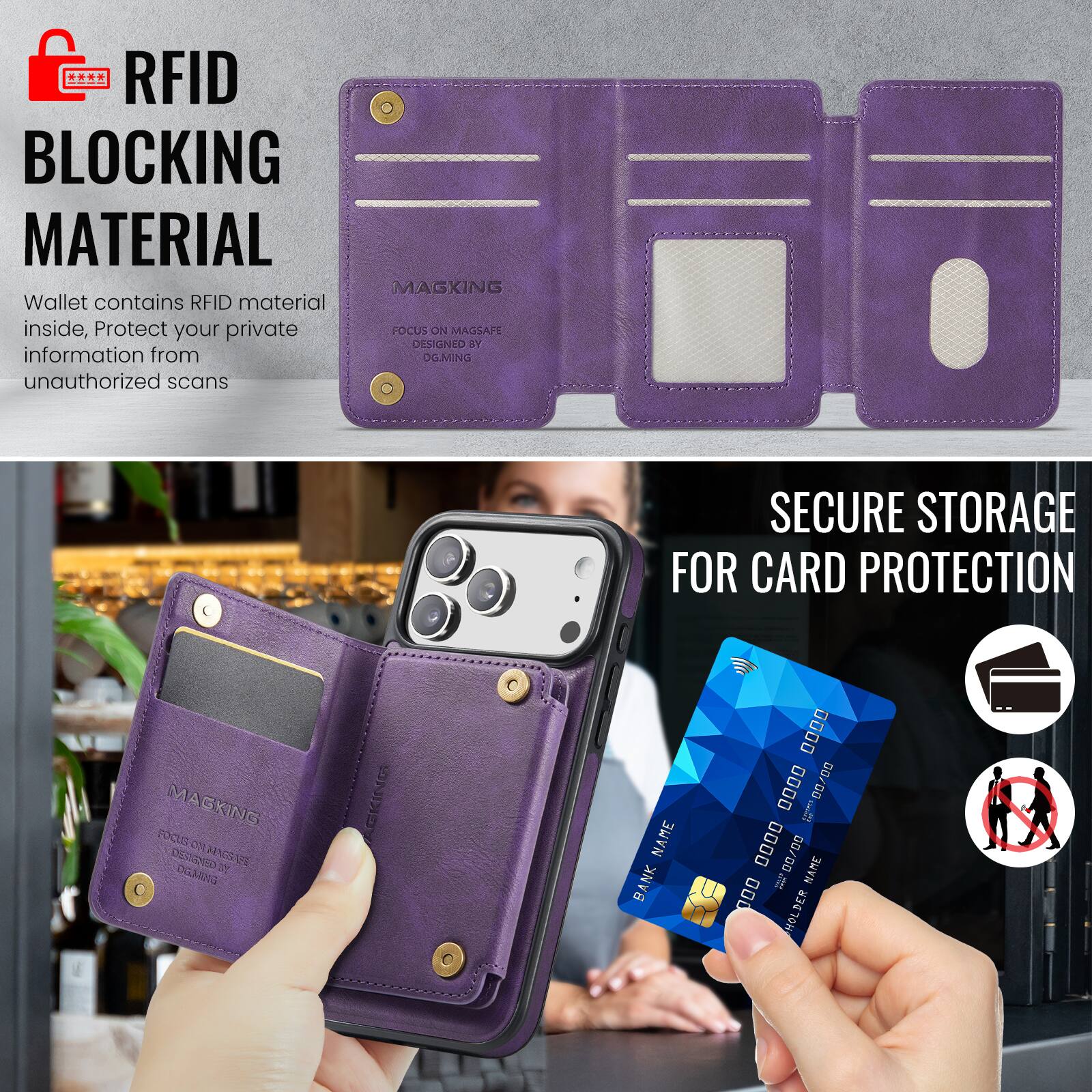 RFID BLOCKING MATERIAL

Wallet contains RFID material inside, Protect your private information from unauthorized scans

MAGXING
FOCUS ON MAGSAPE
DESIGNED BY
OG.MING

SECURE STORAGE FOR CARD PROTECTION

BANK NAME
0000 0000 0000 0000
00/00
NAME
HOLDER