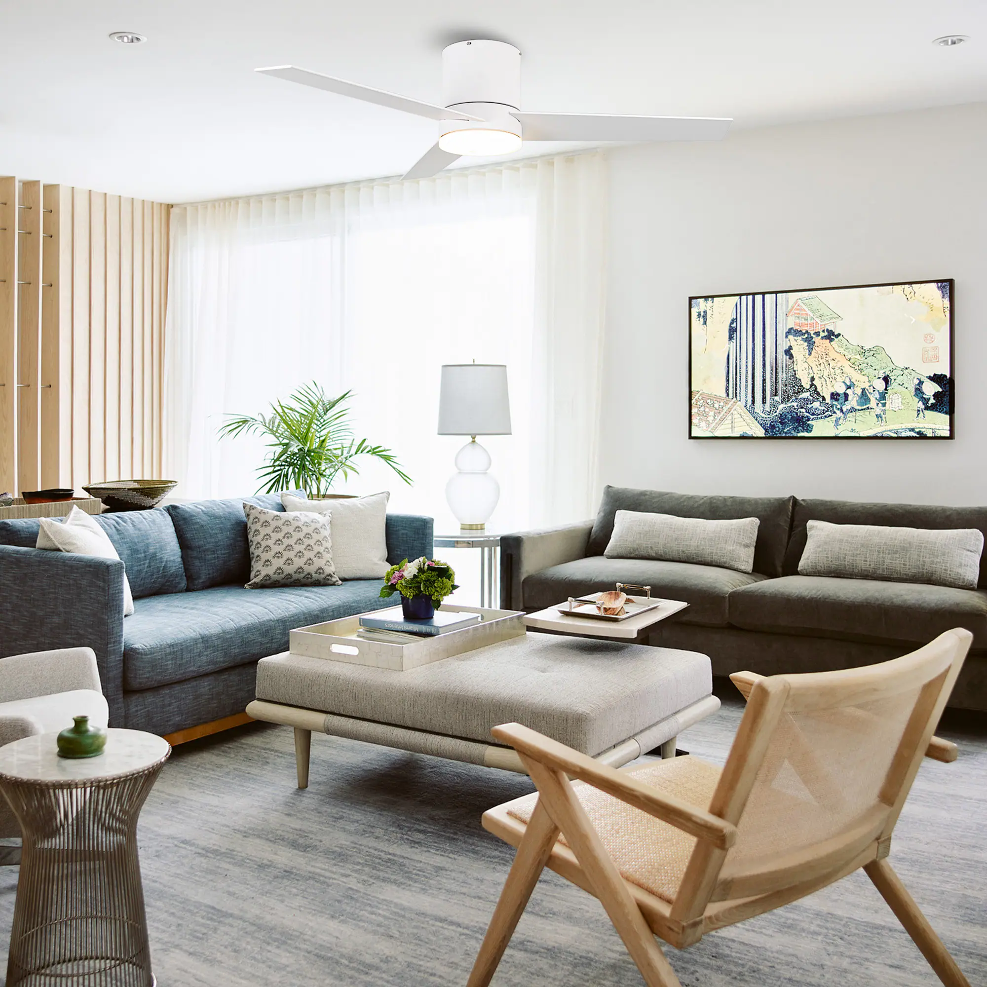 Angle. Parrot Uncle - 48" Modern White LED Flush Mount Ceiling Fan with Remote Control - White.