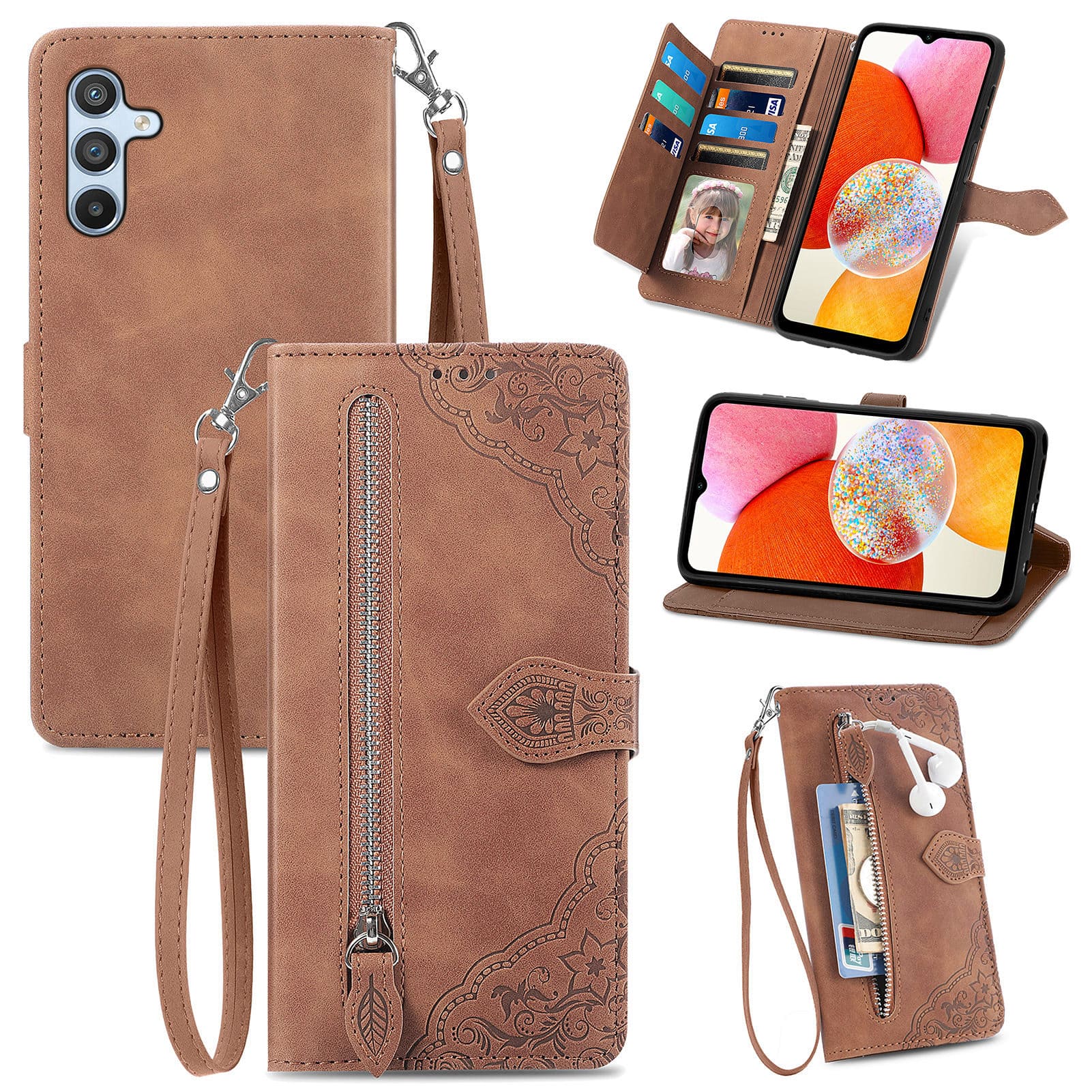 Dteck - Magnetic Zipper Wallet Case for Samsung Galaxy A16 5G, Shockproof PU Leather Folio Card Wrist Strap Cover - Brown price history on PriceWatchPro