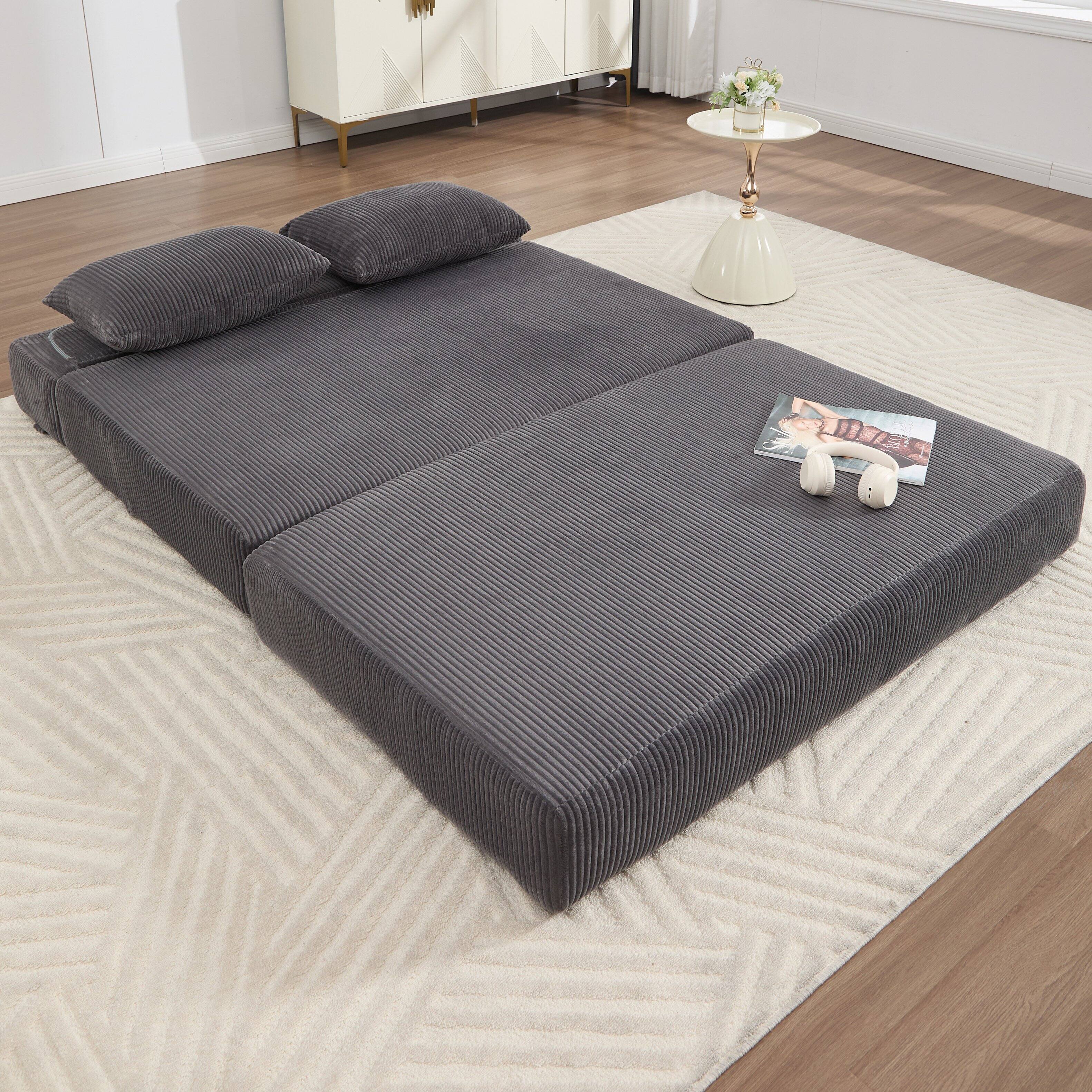 Left. AENKYO - Convertible Folding Sofa Bed,Loveseat Sleeper,Full Size Corduroy Floor Couch Mattress for Living Room - Gray.