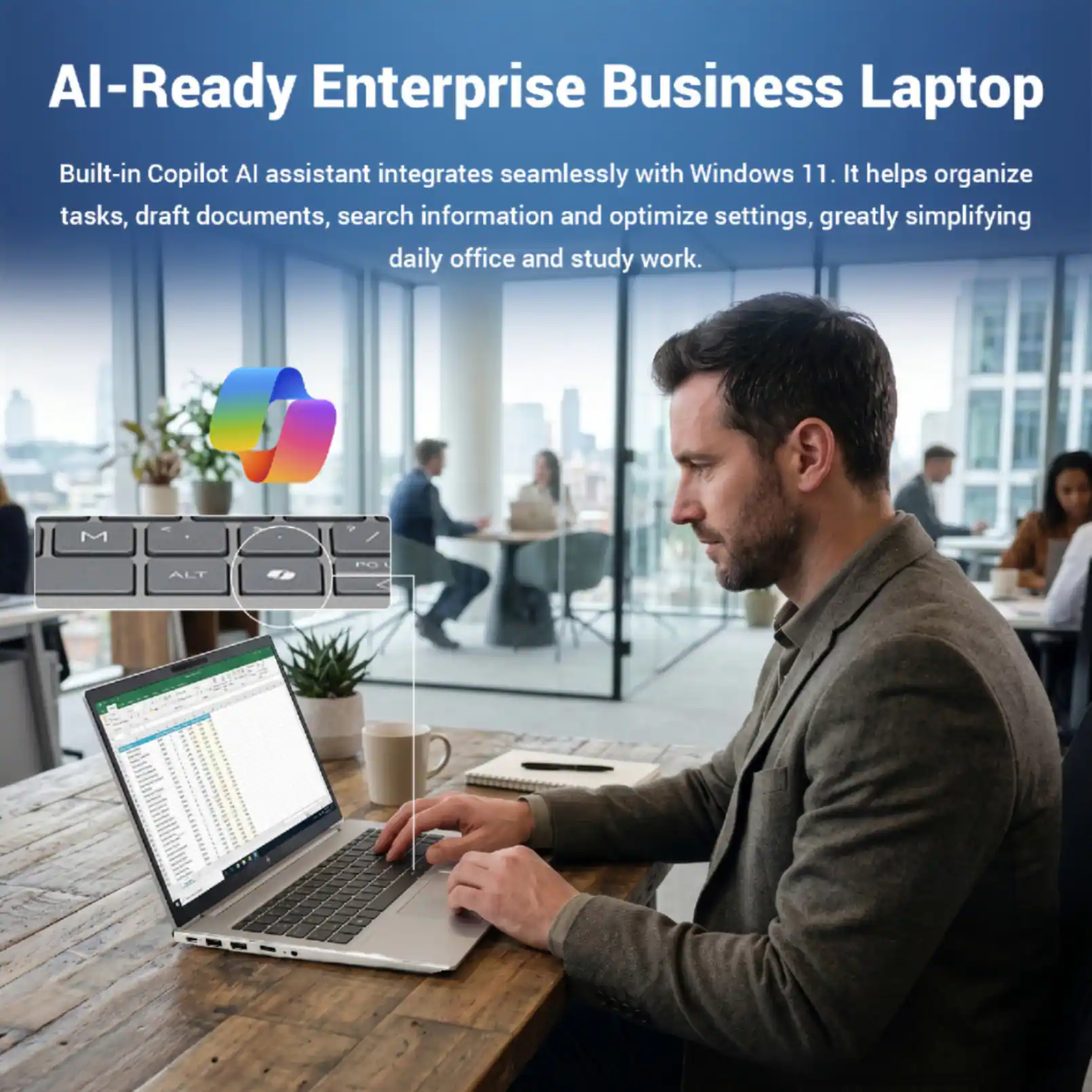AI-Ready Enterprise Business Laptop  
Built-in Copilot AI assistant integrates seamlessly with Windows 11. It helps organize tasks, draft documents, search information and optimize settings, greatly simplifying daily office and study work.  
M + ALT  F 1
