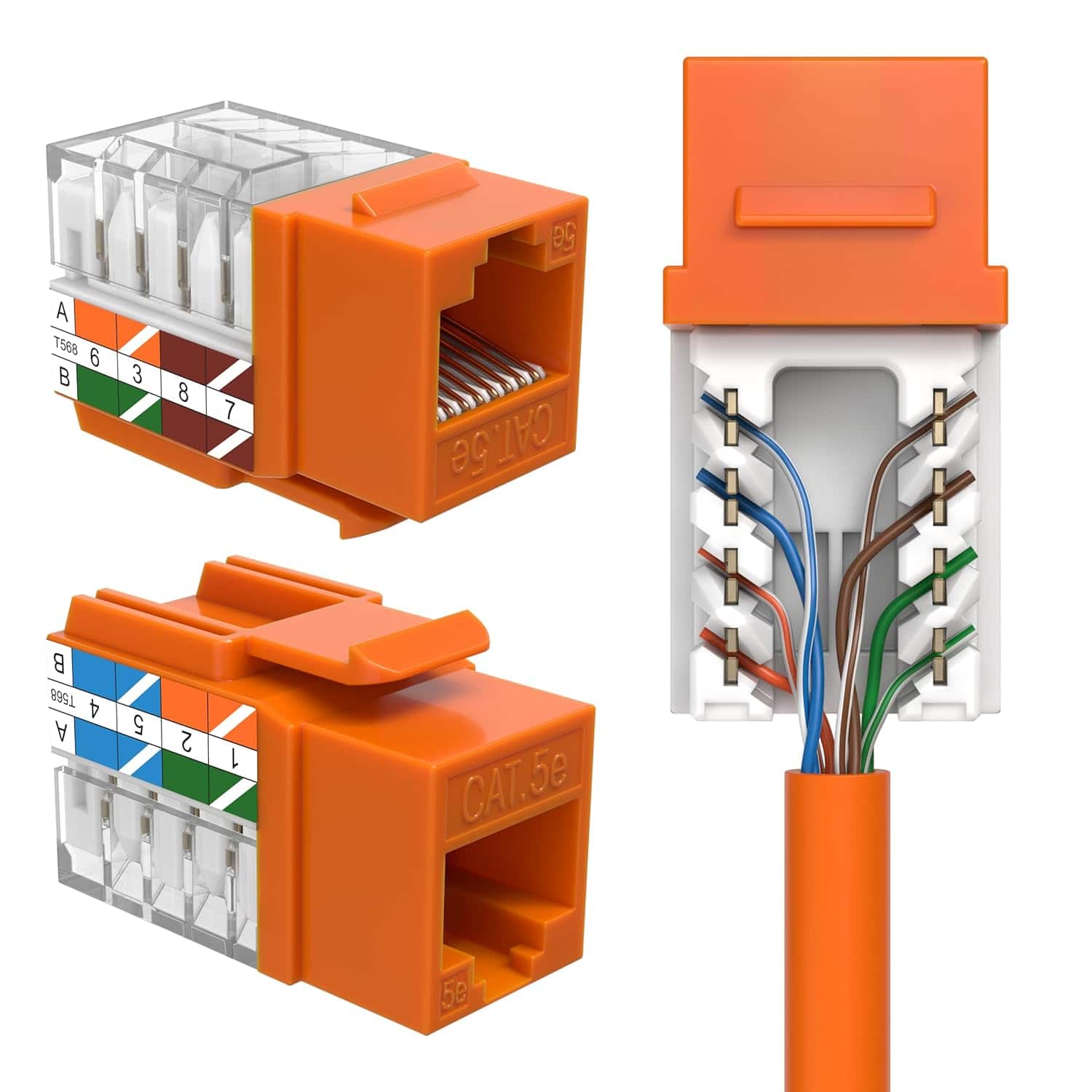 Cables Direct Online - Cat5e 45° Angled RJ45 Keystone Jack, 8P8C 110 Punch-Down, Gold-Plated Contacts, 1Gbps, ANSI/TIA Compliant - Orange