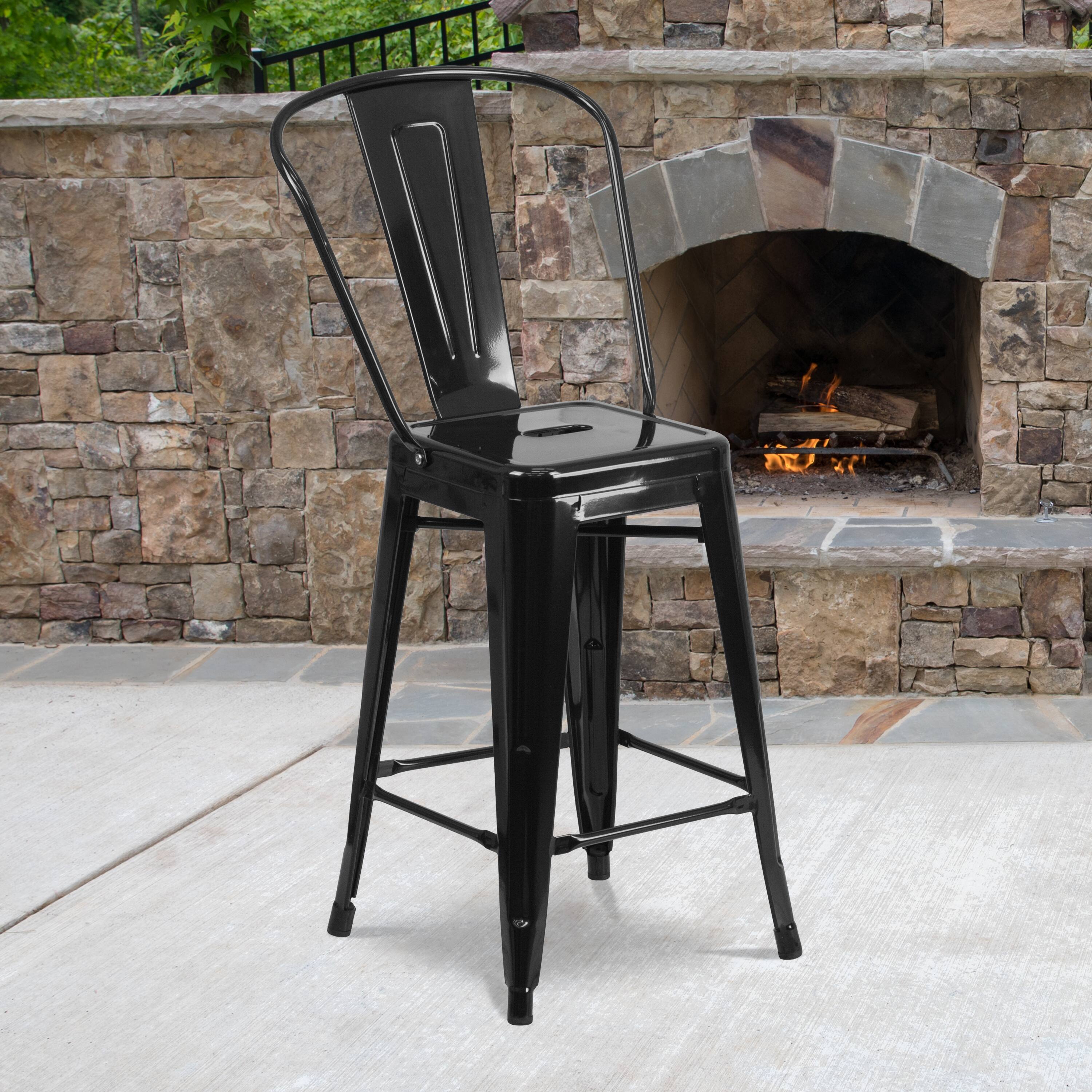 Alt View 2. Emma + Oliver - Commercial Grade 4 Pack 24" High Metal Indoor-Outdoor Counter Height Stool with Back - Black.